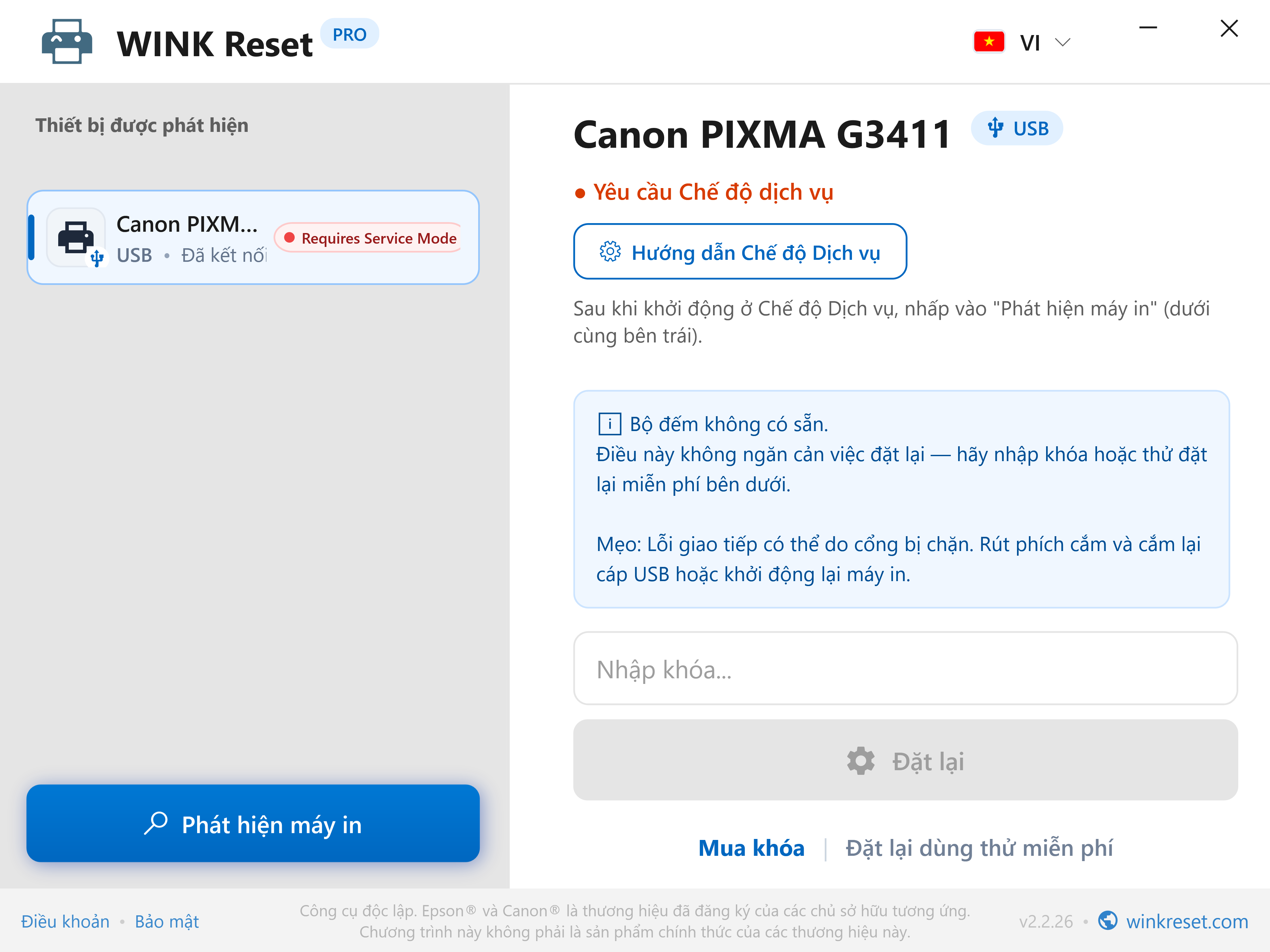 Hướng dẫn tương tác vào Canon Service Mode - WINK Reset PRO (VI)