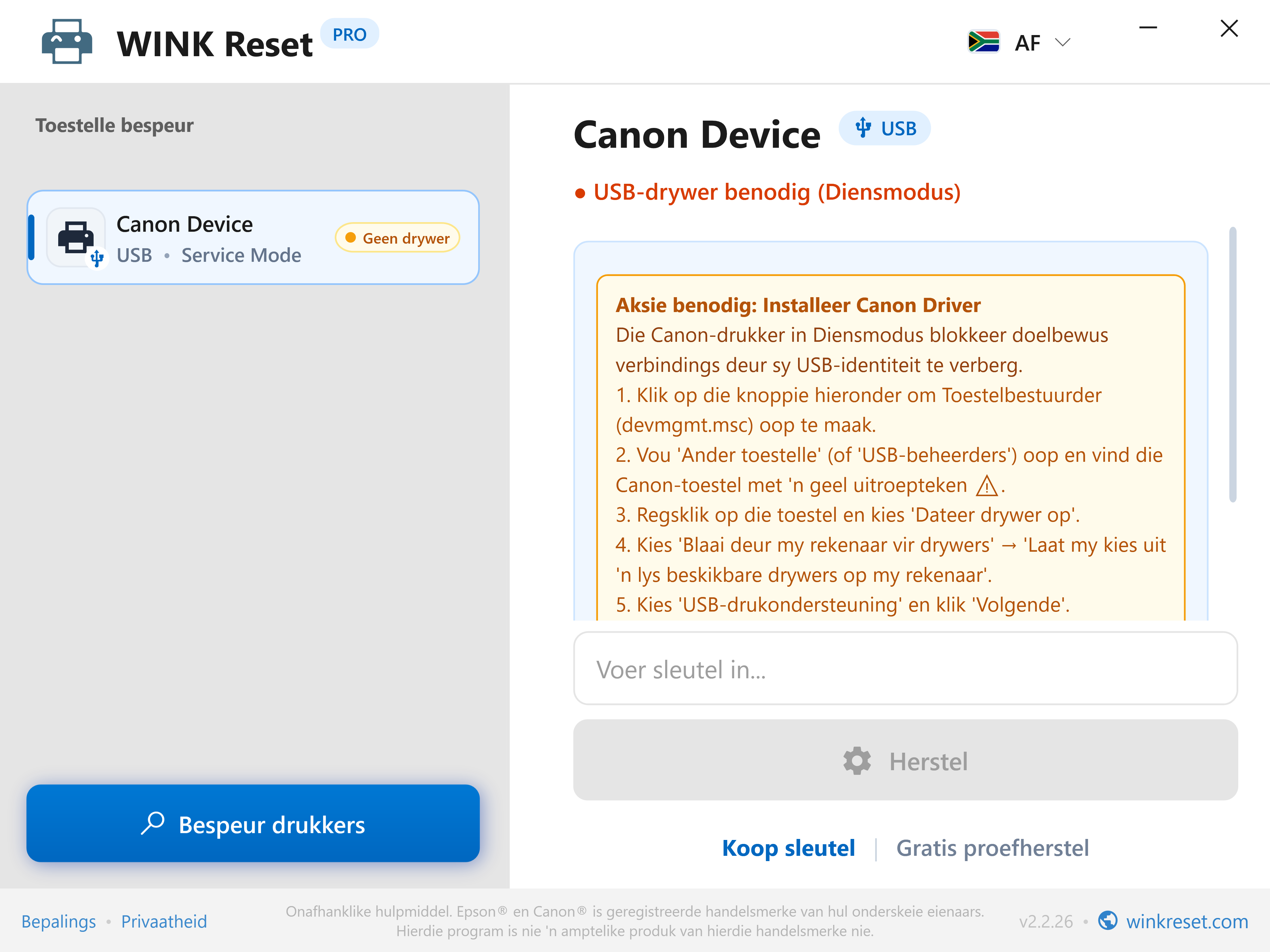 Verifikasie van die USB-bus in Canon Service Mode - WINK Reset PRO (AF)