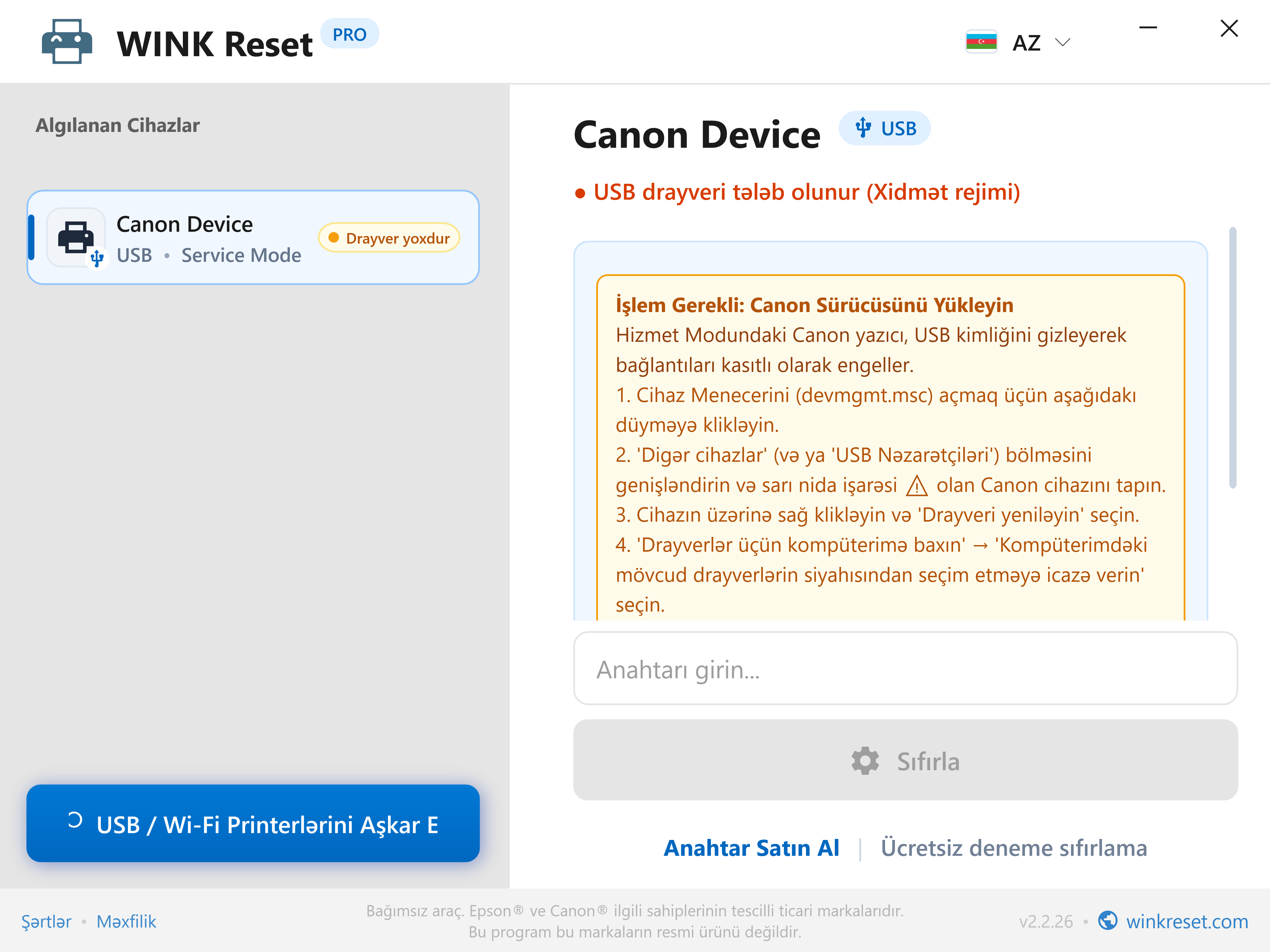 Canon Service Mode rejimində USB şininin yoxlanılması - WINK Reset PRO (AZ)