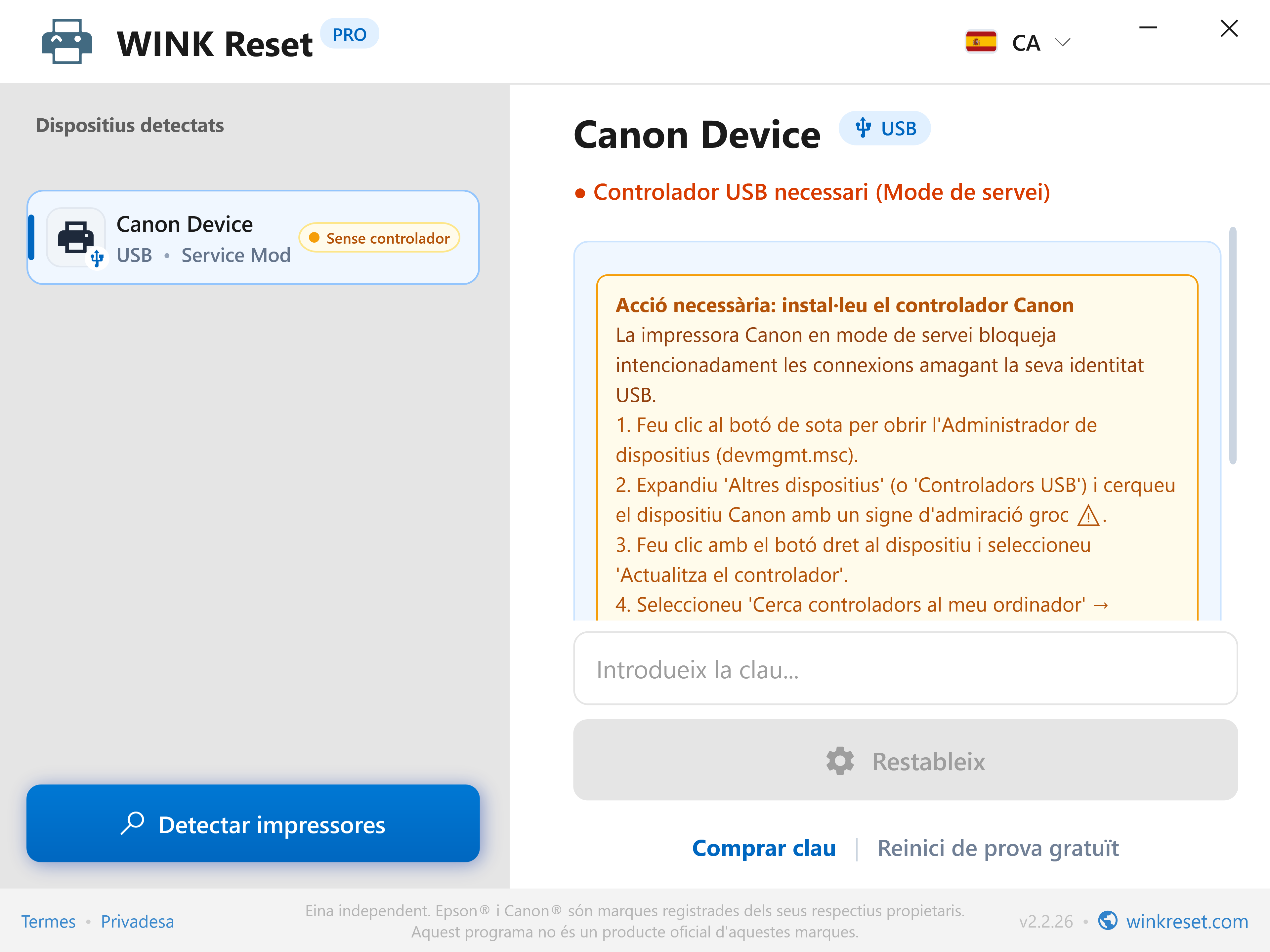 Verificació del bus USB en mode Canon Service Mode - WINK Reset PRO (CA)