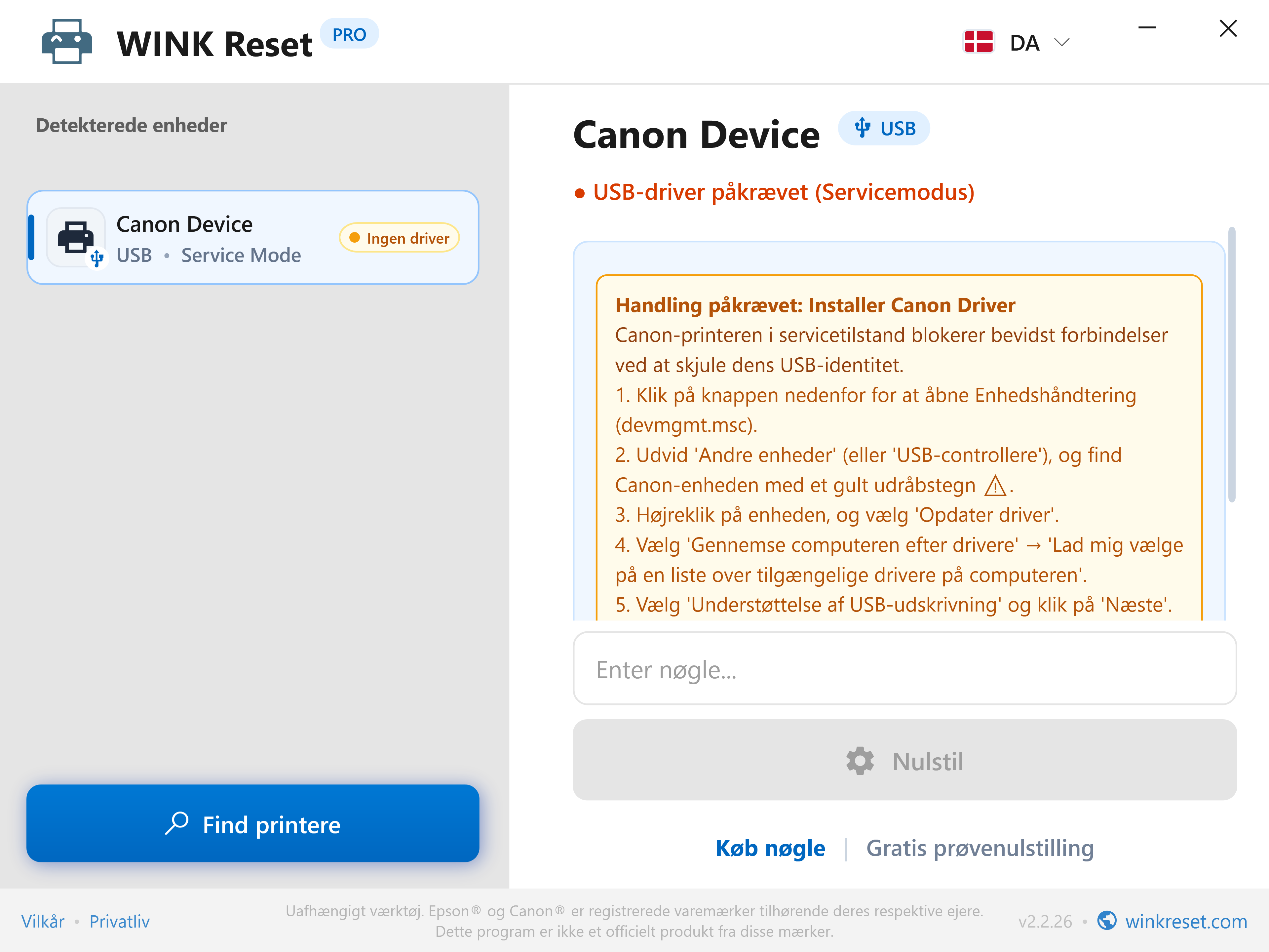 Verifikation af USB-bussen i Canon Service Mode - WINK Reset PRO (DA)