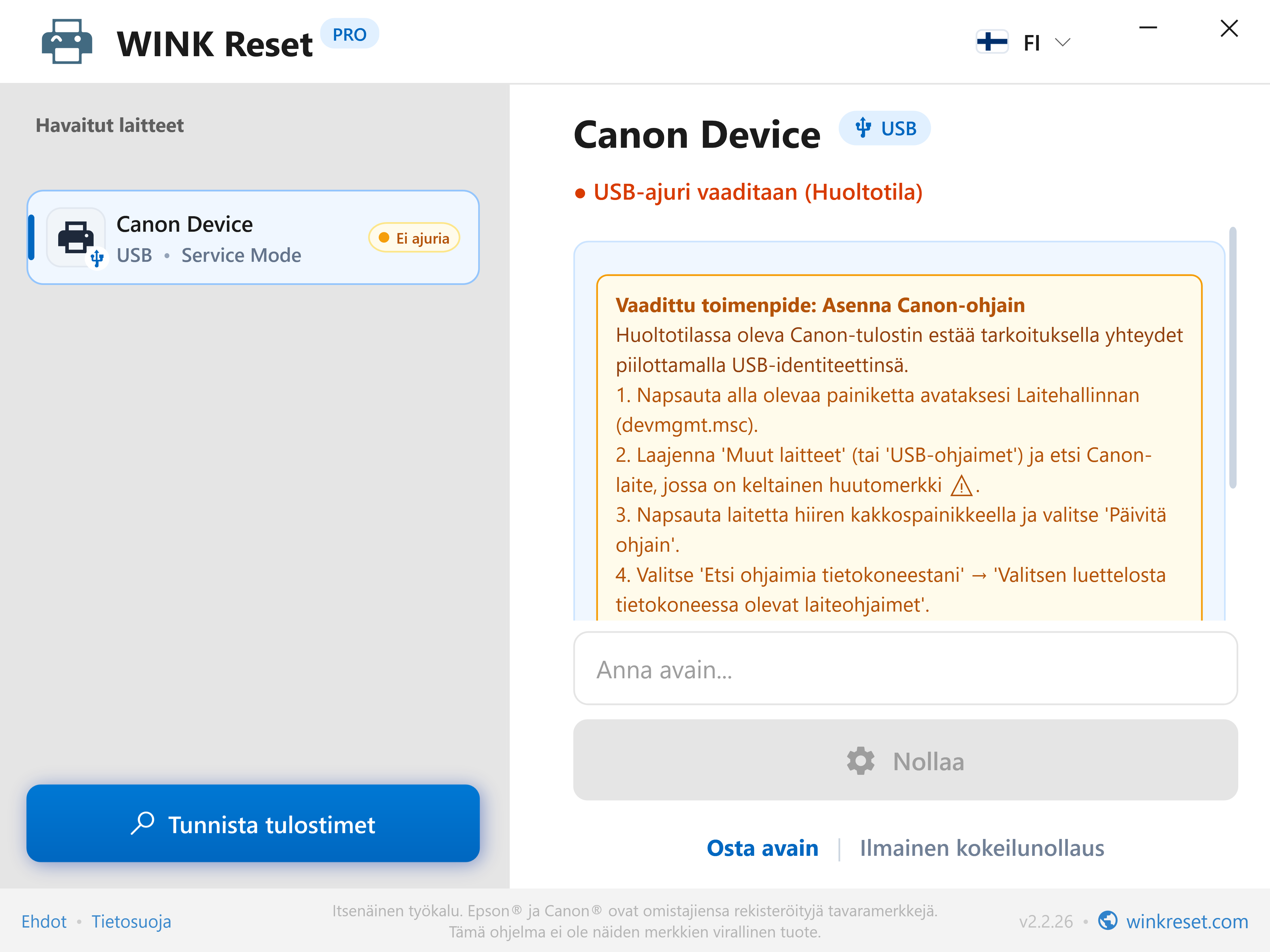USB-väylän varmennus Canon Service Mode -tilassa - WINK Reset PRO (FI)