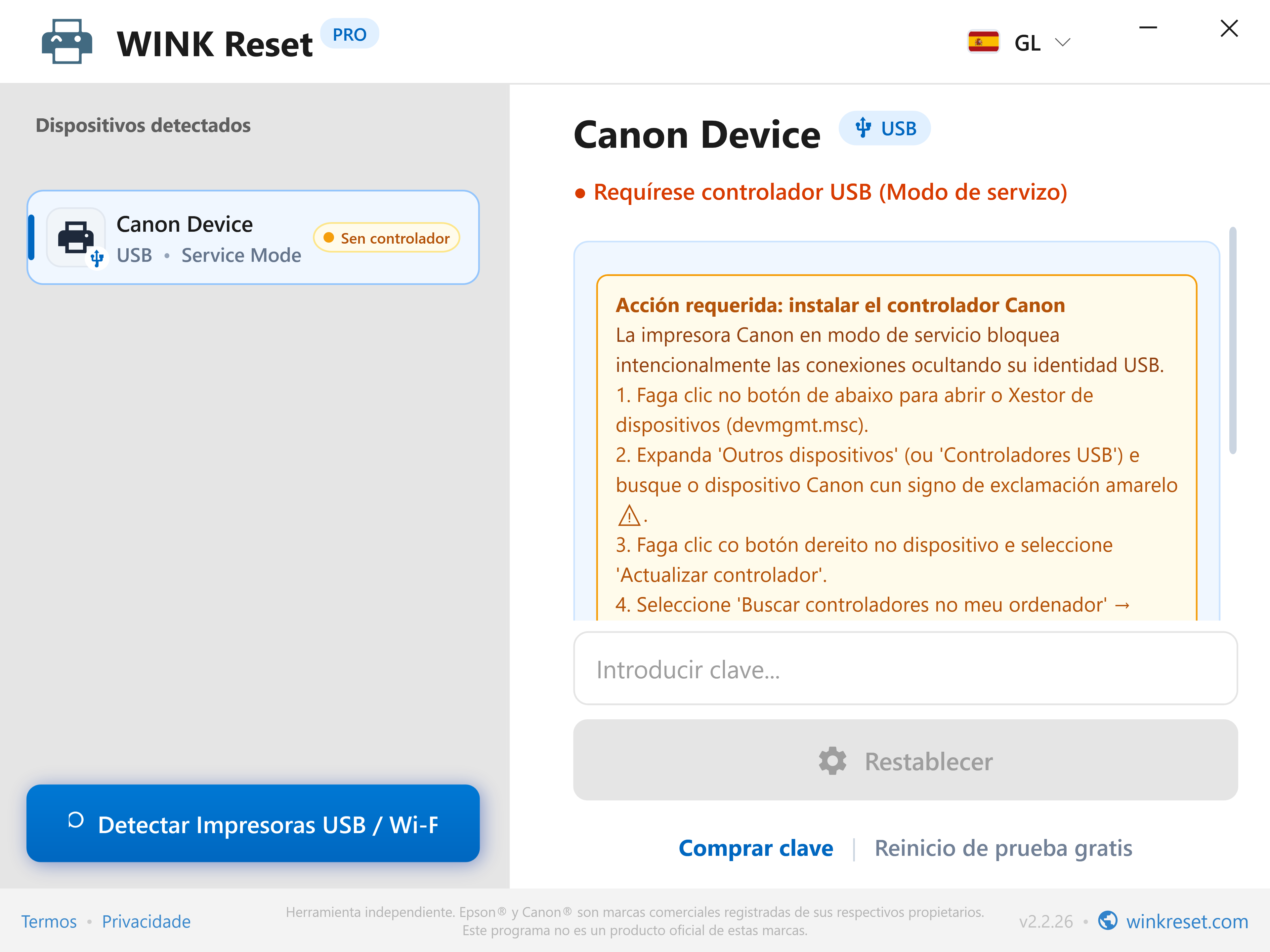 Verificación do bus USB en modo Canon Service Mode - WINK Reset PRO (GL)