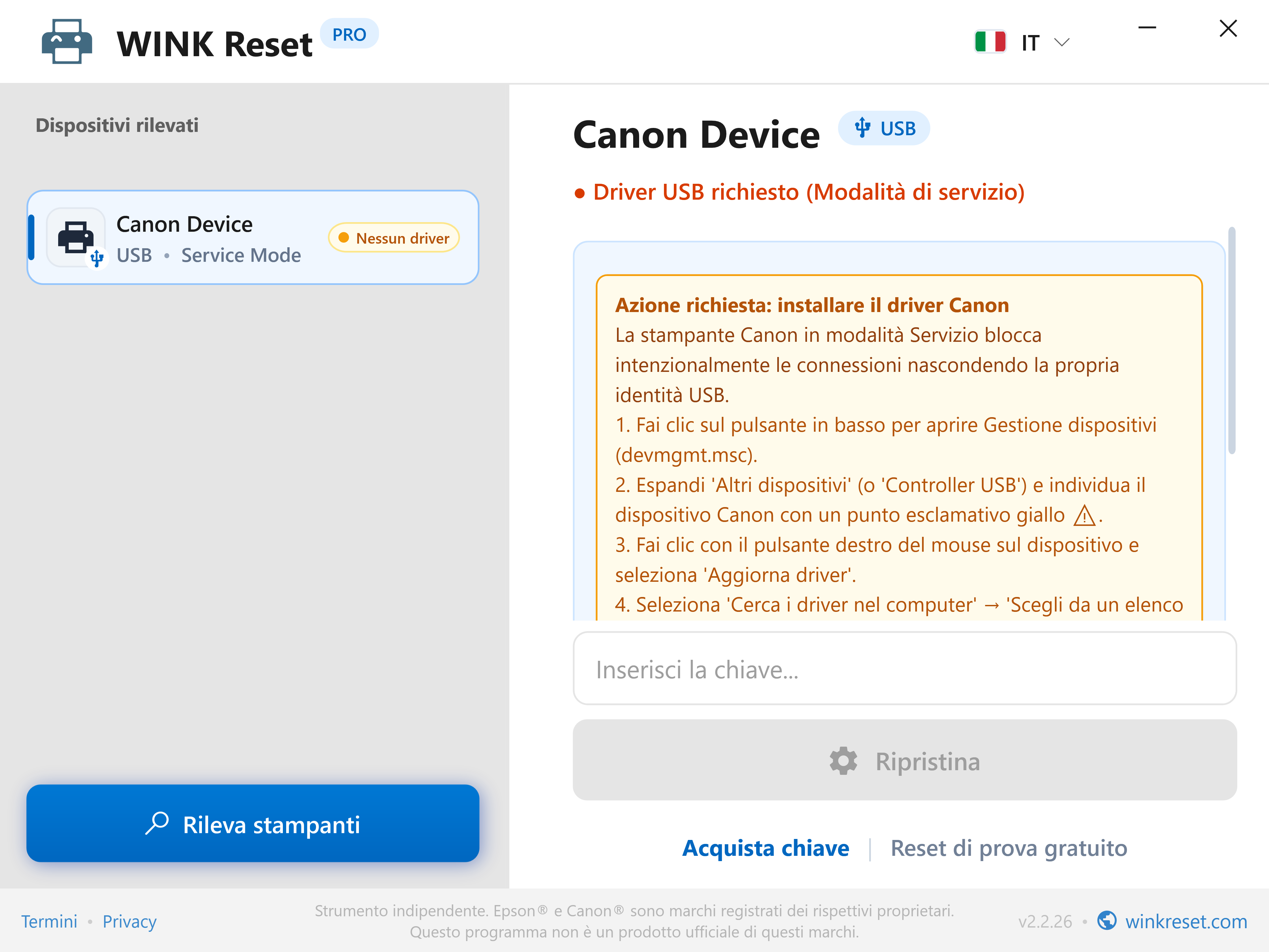 Verifica del bus USB in Canon Service Mode - WINK Reset PRO (IT)