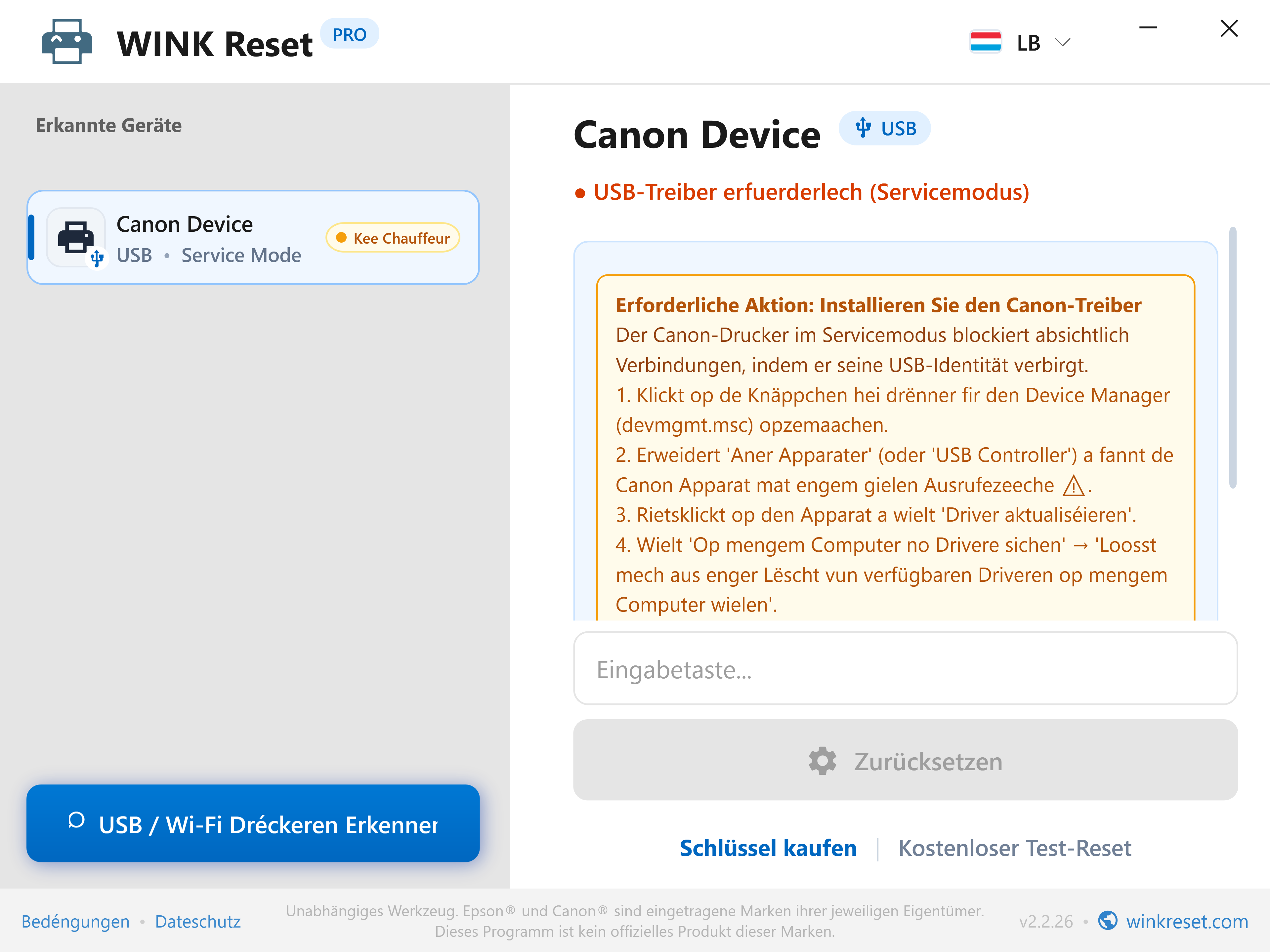 Iwwerpréifung vum USB-Bus am Canon Service Mode - WINK Reset PRO (LB)