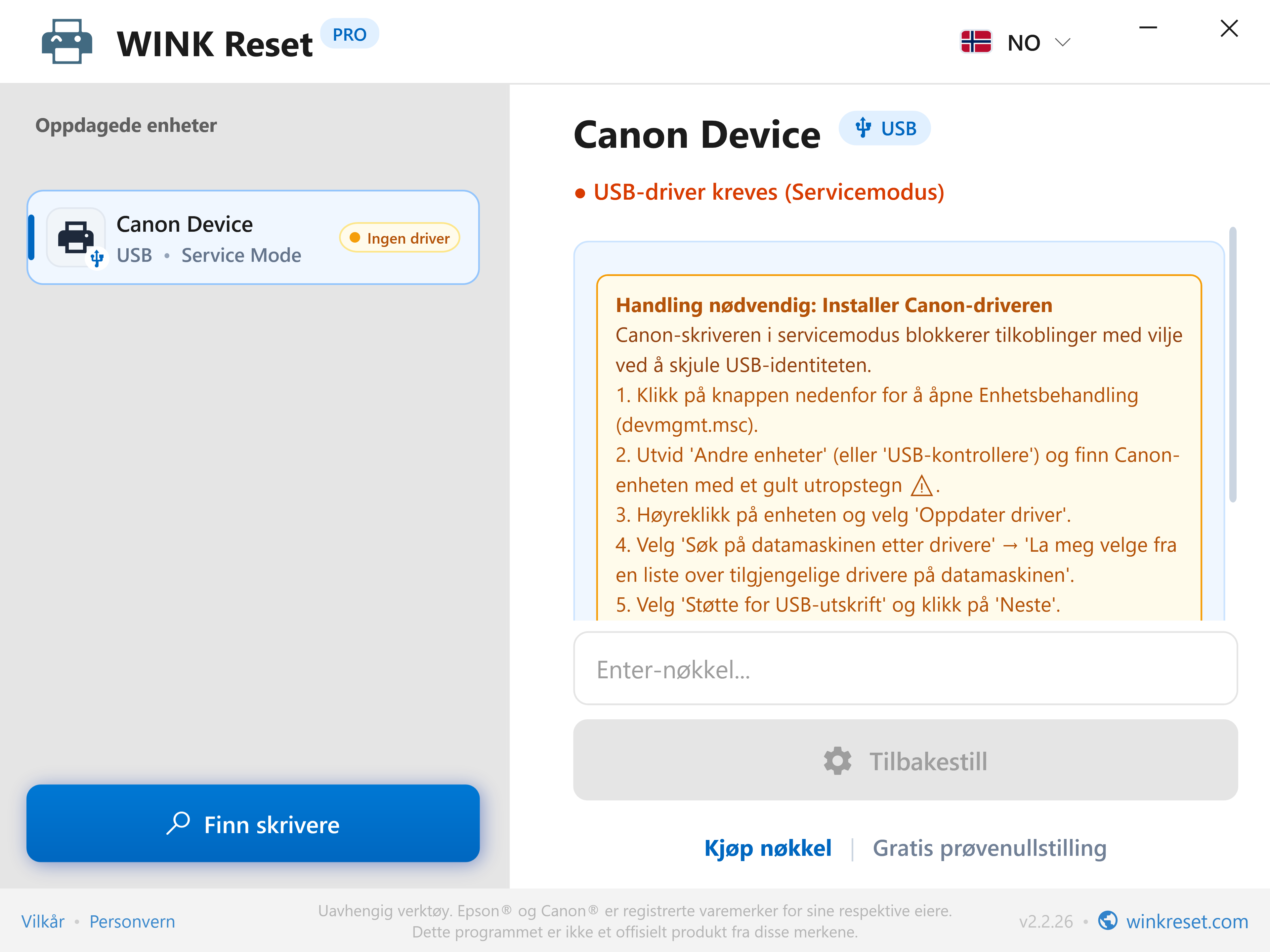 Verifisering av USB-bussen i Canon Service Mode - WINK Reset PRO (NO)
