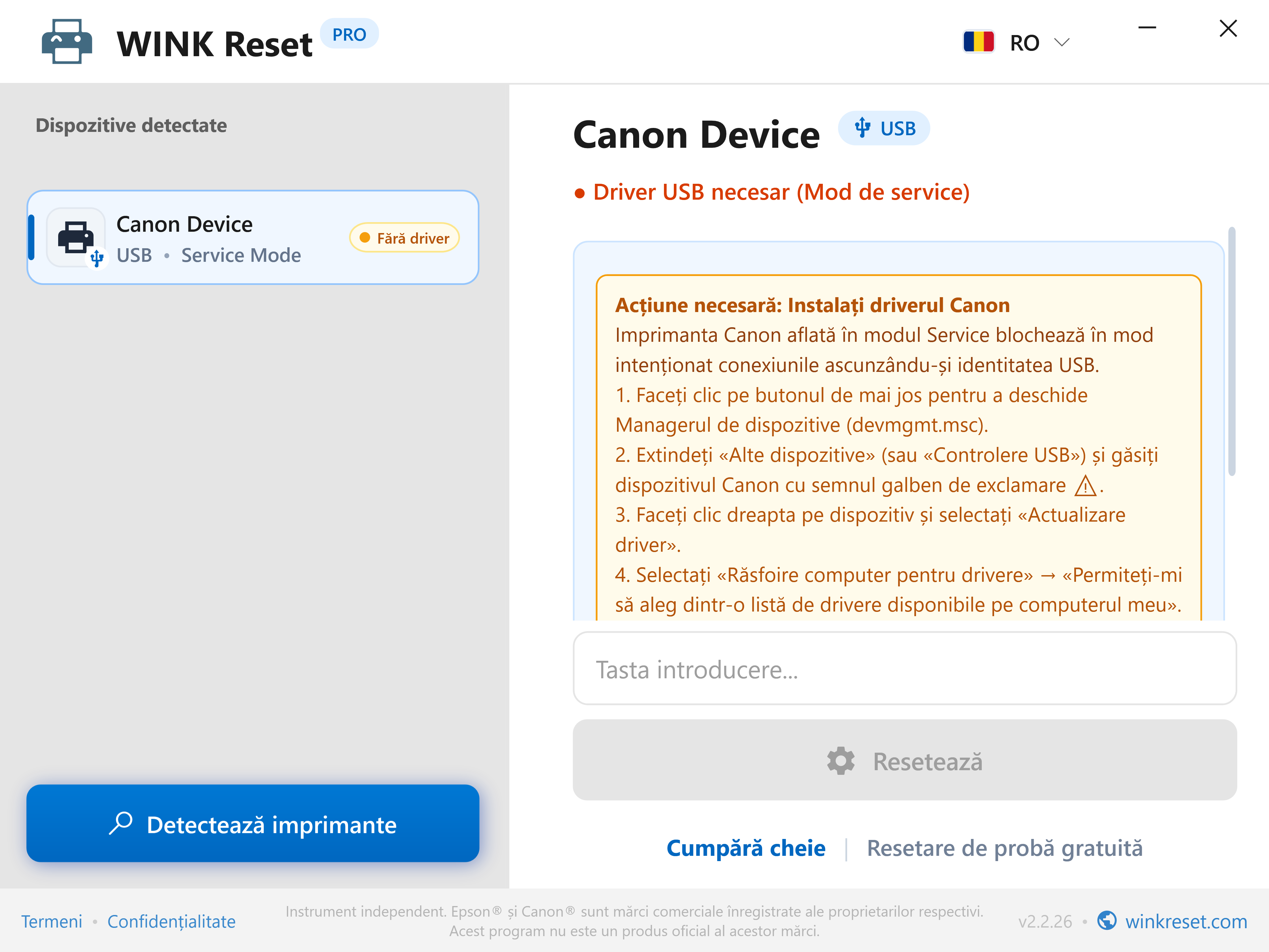 Verificarea magistralei USB în Canon Service Mode - WINK Reset PRO (RO)