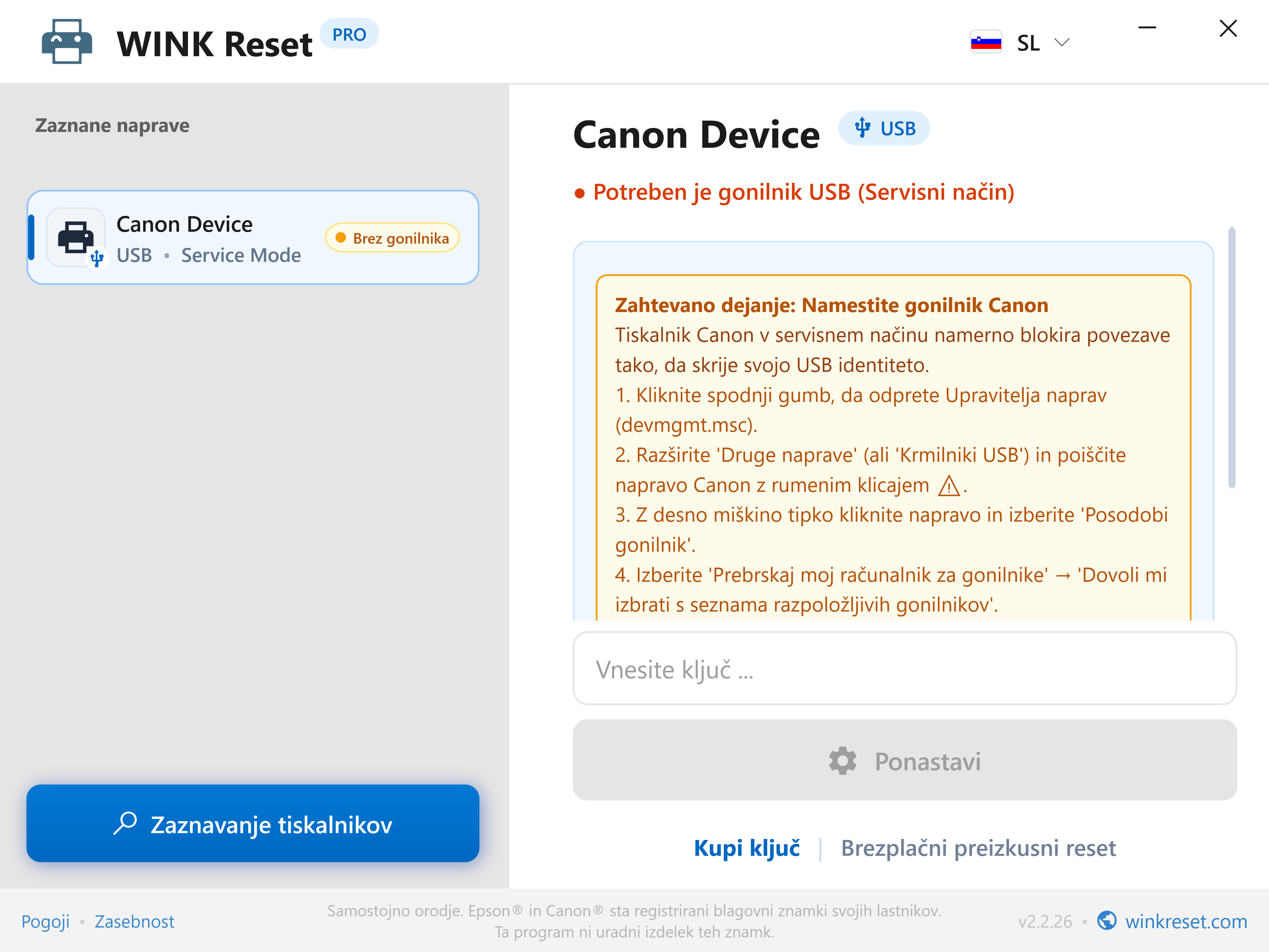 Preverjanje vodila USB v načinu Canon Service Mode - WINK Reset PRO (SL)