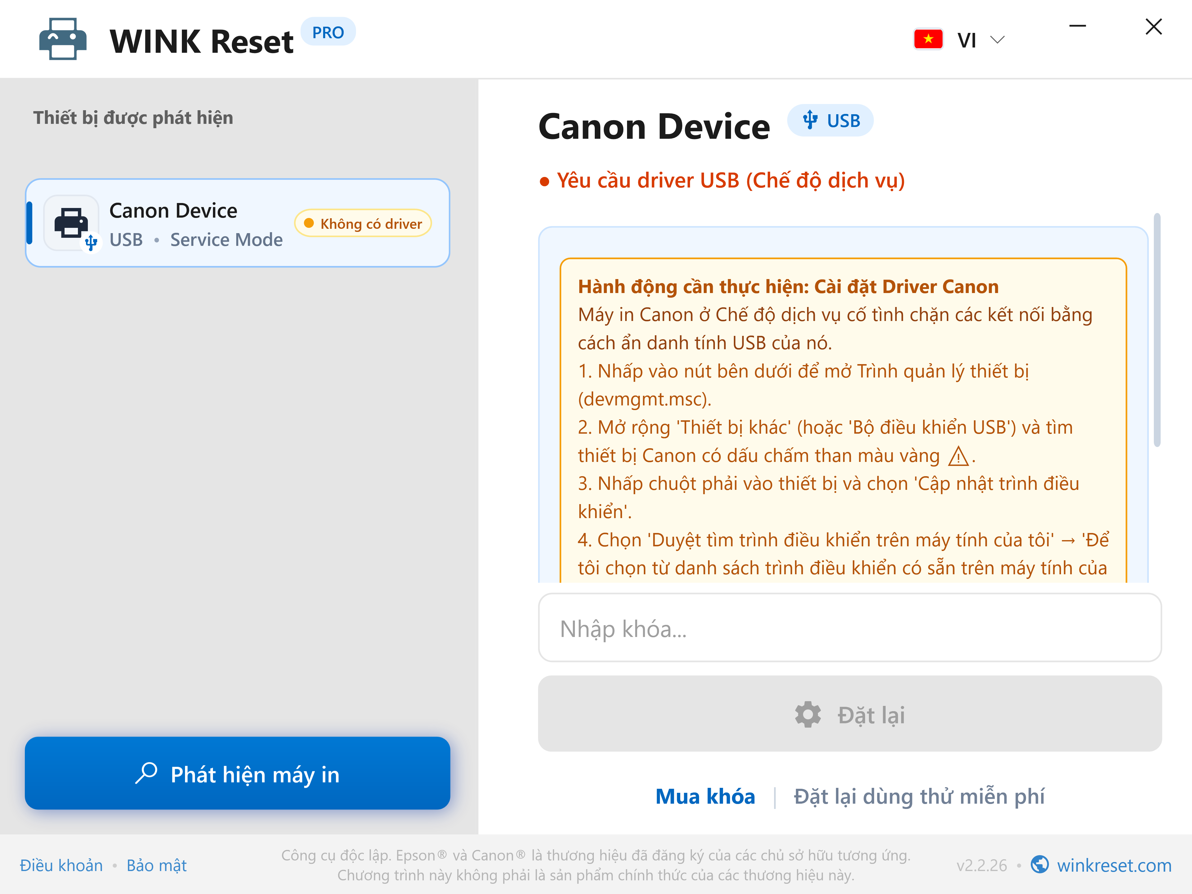Xác minh bus USB trong chế độ Canon Service Mode - WINK Reset PRO (VI)