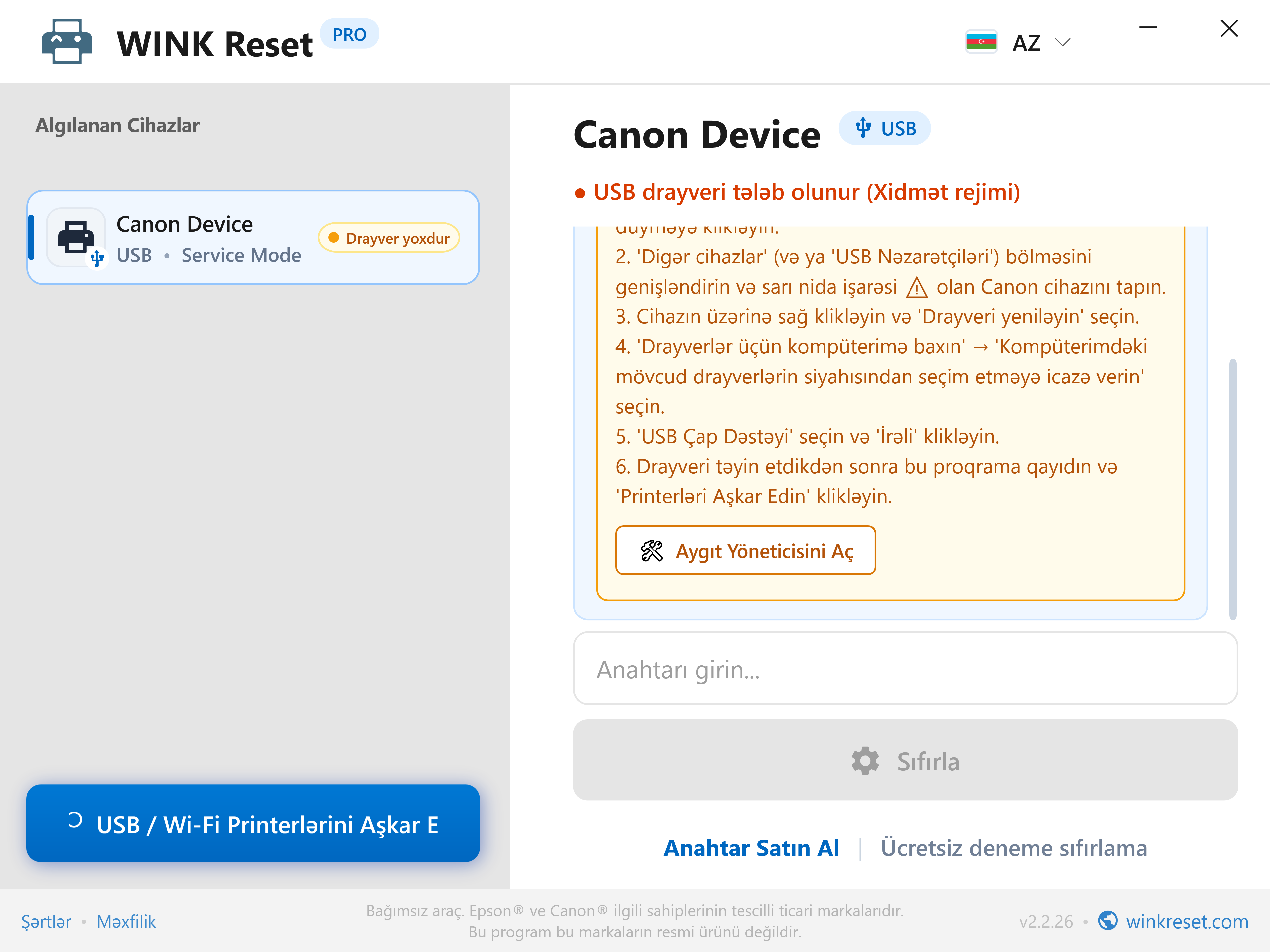 Canon servis rejimi üçün USB portunun tənzimlənməsi köməkçisi - WINK Reset PRO (AZ)