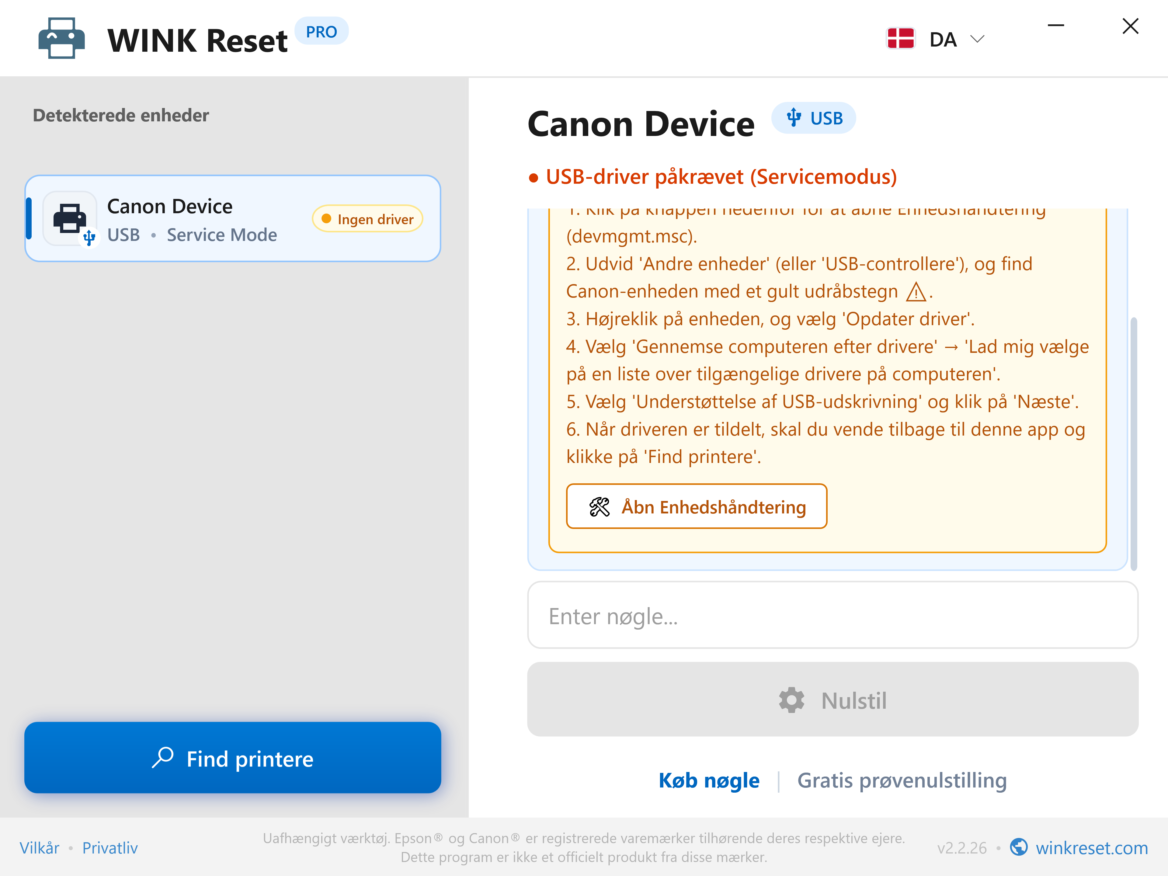 USB-port konfigurationsassistent til Canon Service Mode - WINK Reset PRO (DA)