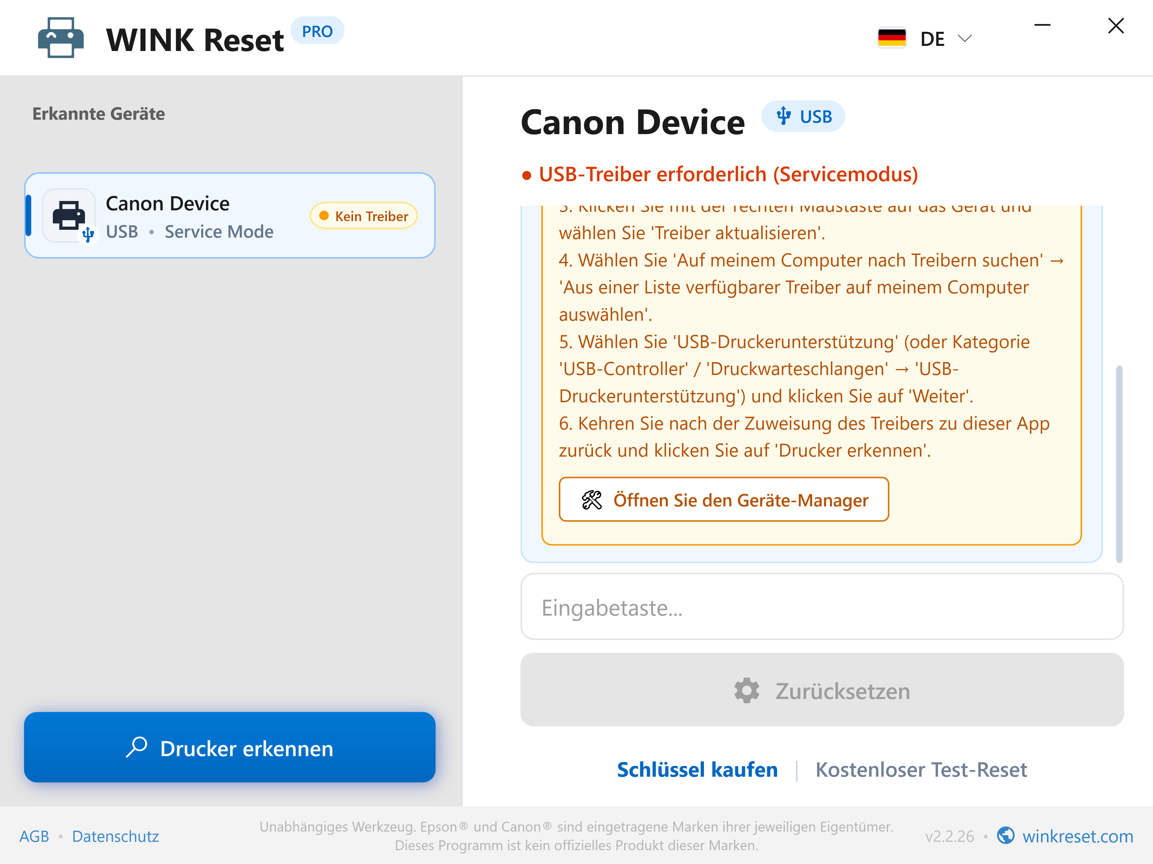 USB-Treiber-Zuweisung für den Canon Service Mode - WINK Reset PRO (DE)