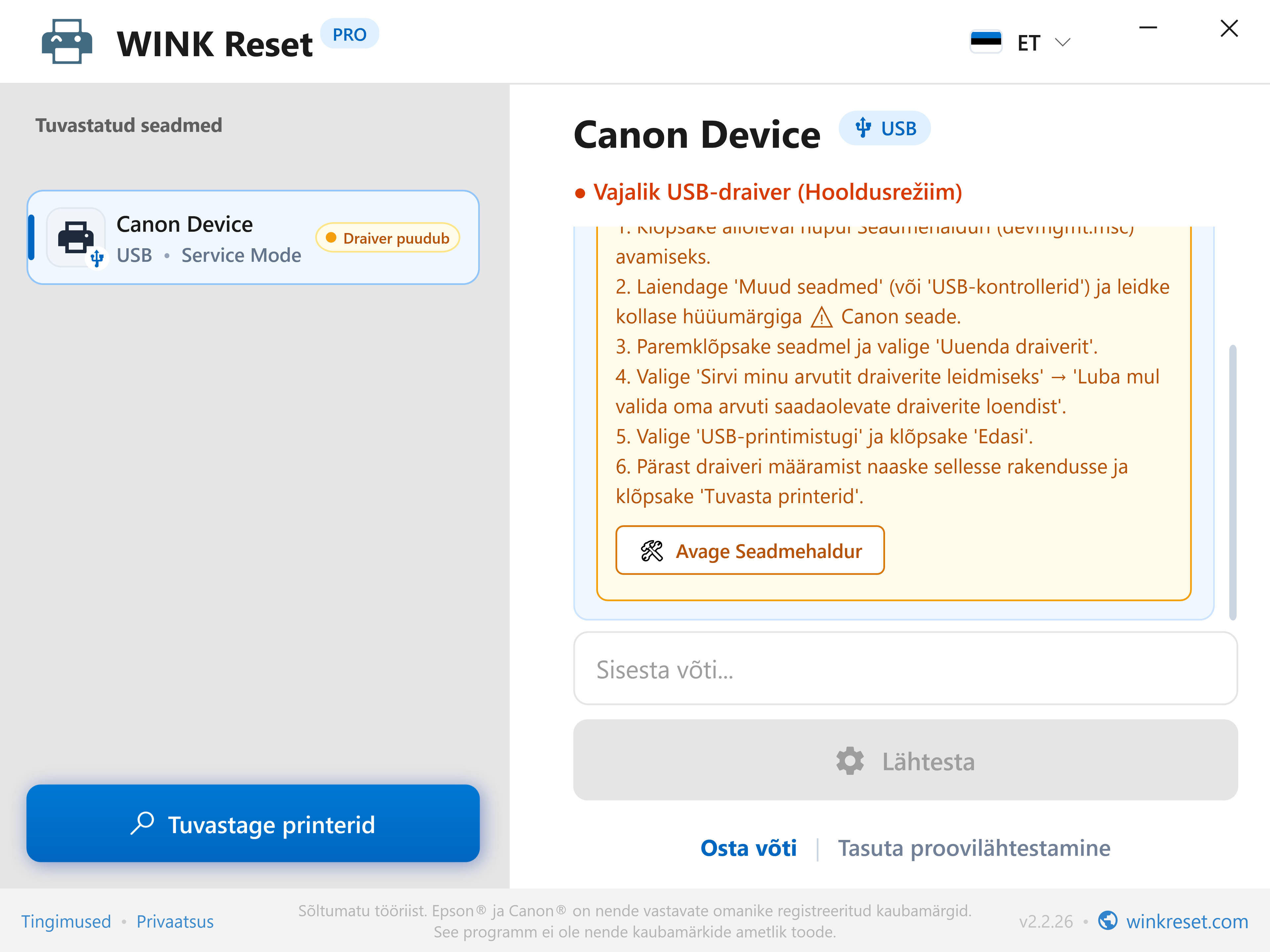 USB-pordi seadistamise assistent Canon Service Mode jaoks - WINK Reset PRO (ET)