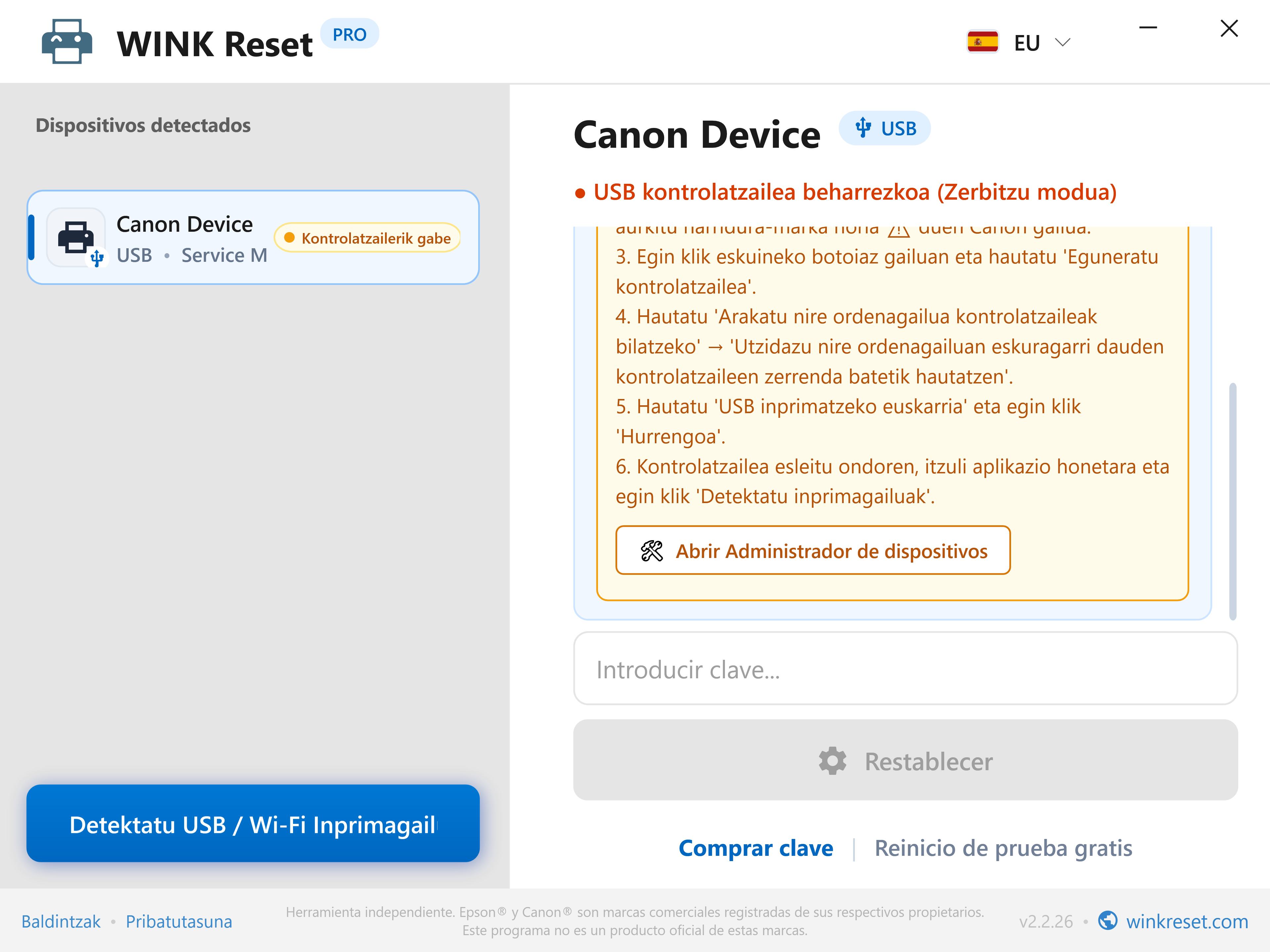 Canon zerbitzu-modurako USB ataka konfiguratzeko laguntzailea - WINK Reset PRO (EU)