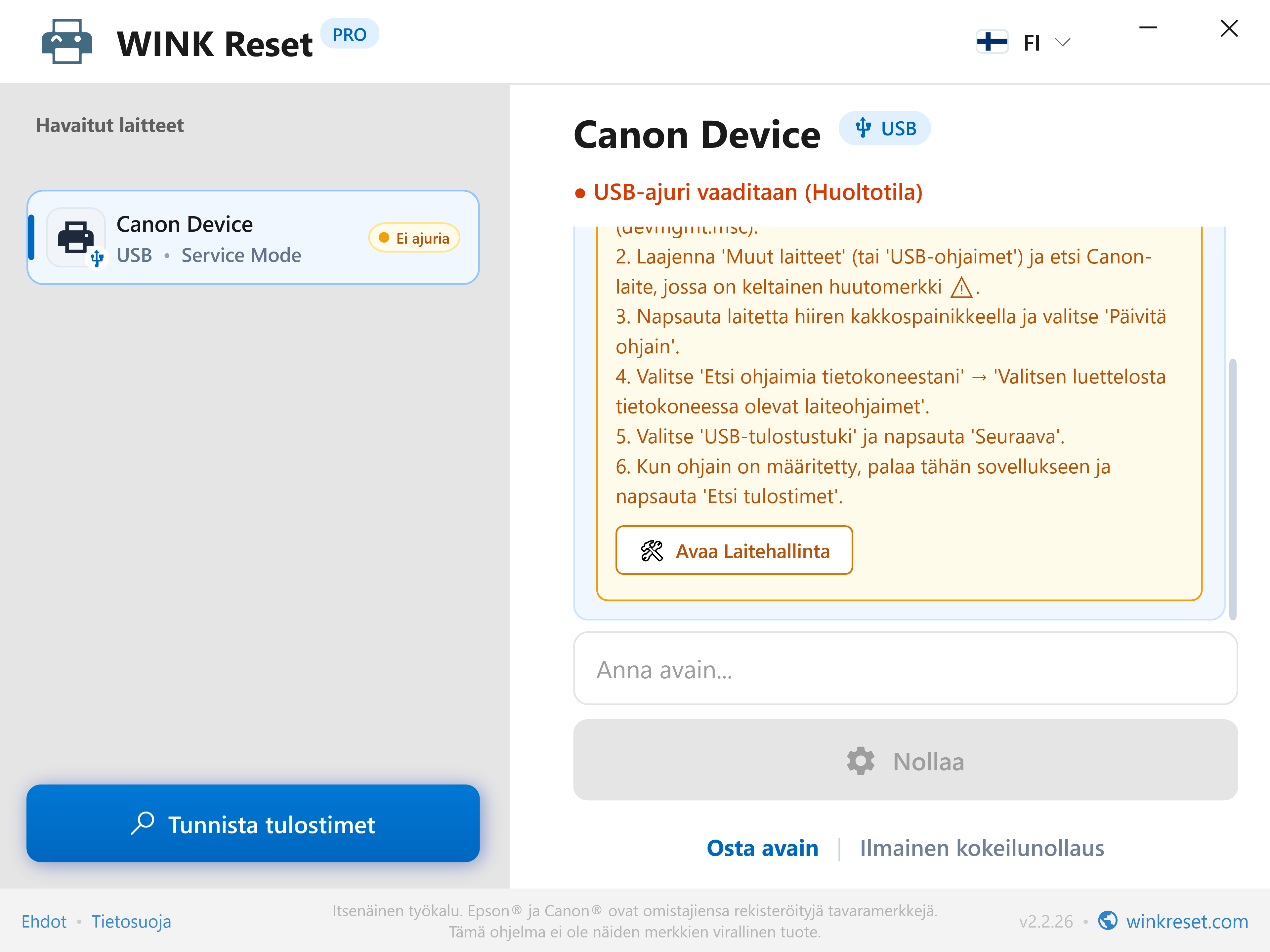 USB-portin määritysopas Canon Service Mode -tilaa varten - WINK Reset PRO (FI)
