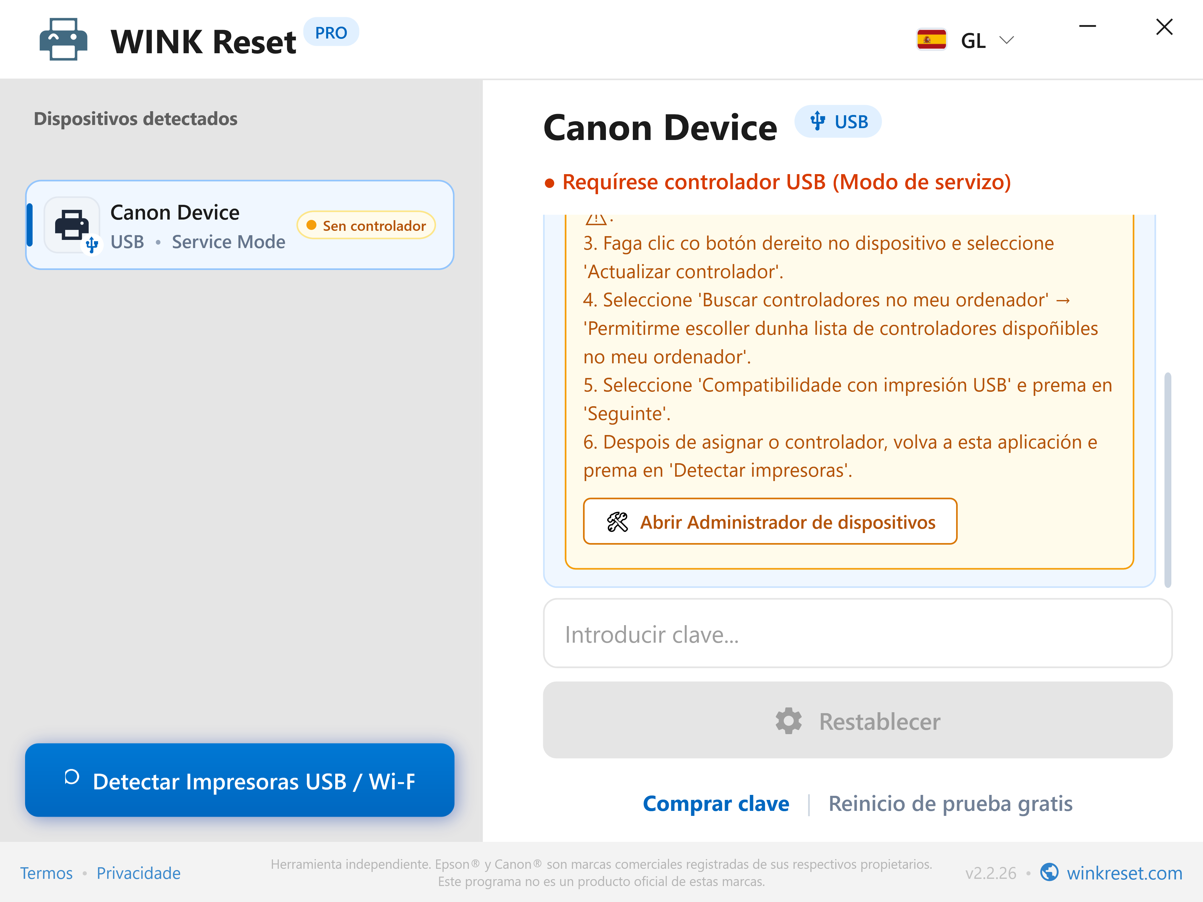 Asistente de configuración do porto USB para Canon Service Mode - WINK Reset PRO (GL)
