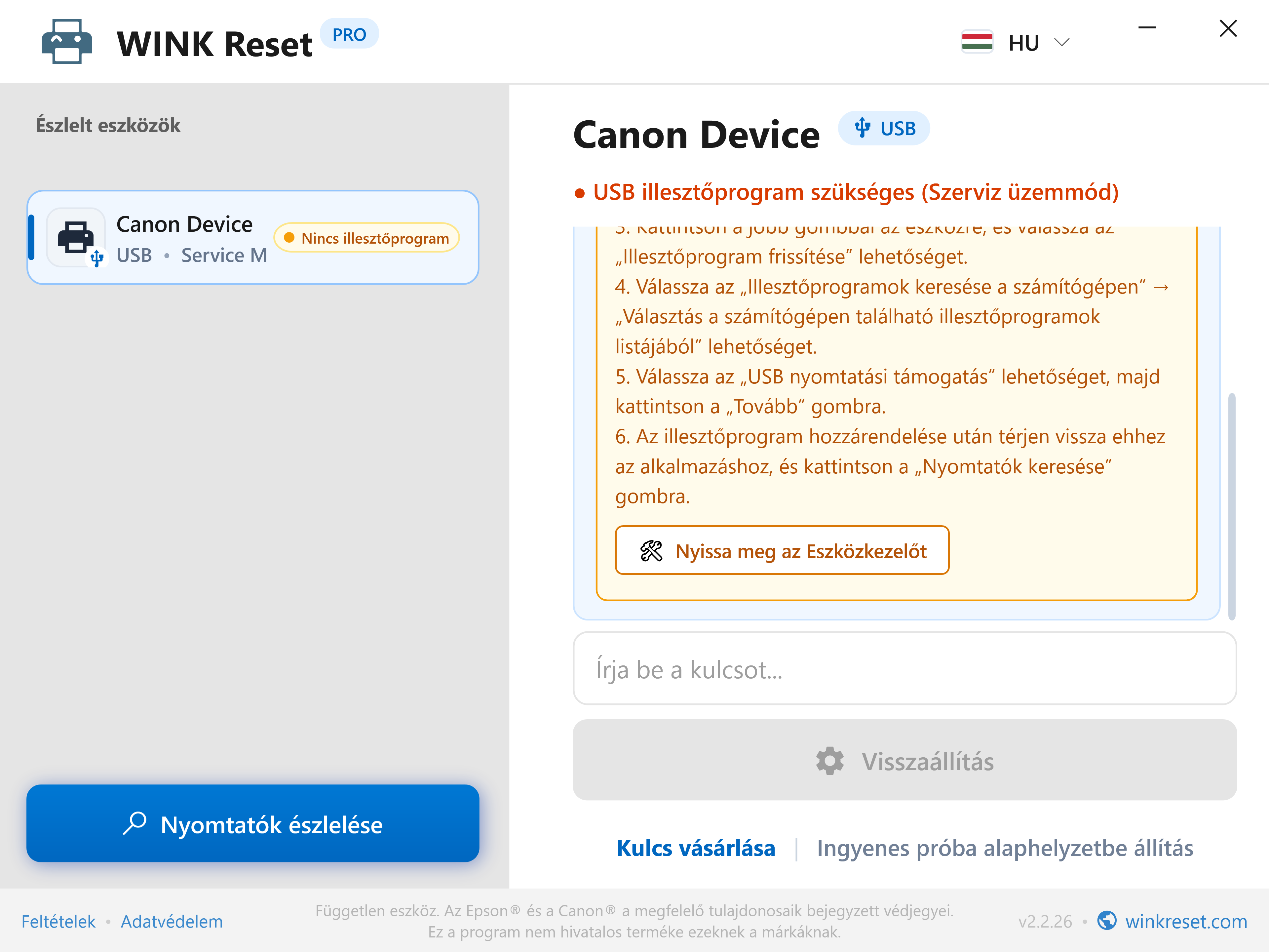 USB port konfigurációs asszisztens Canon szerviz módhoz - WINK Reset PRO (HU)