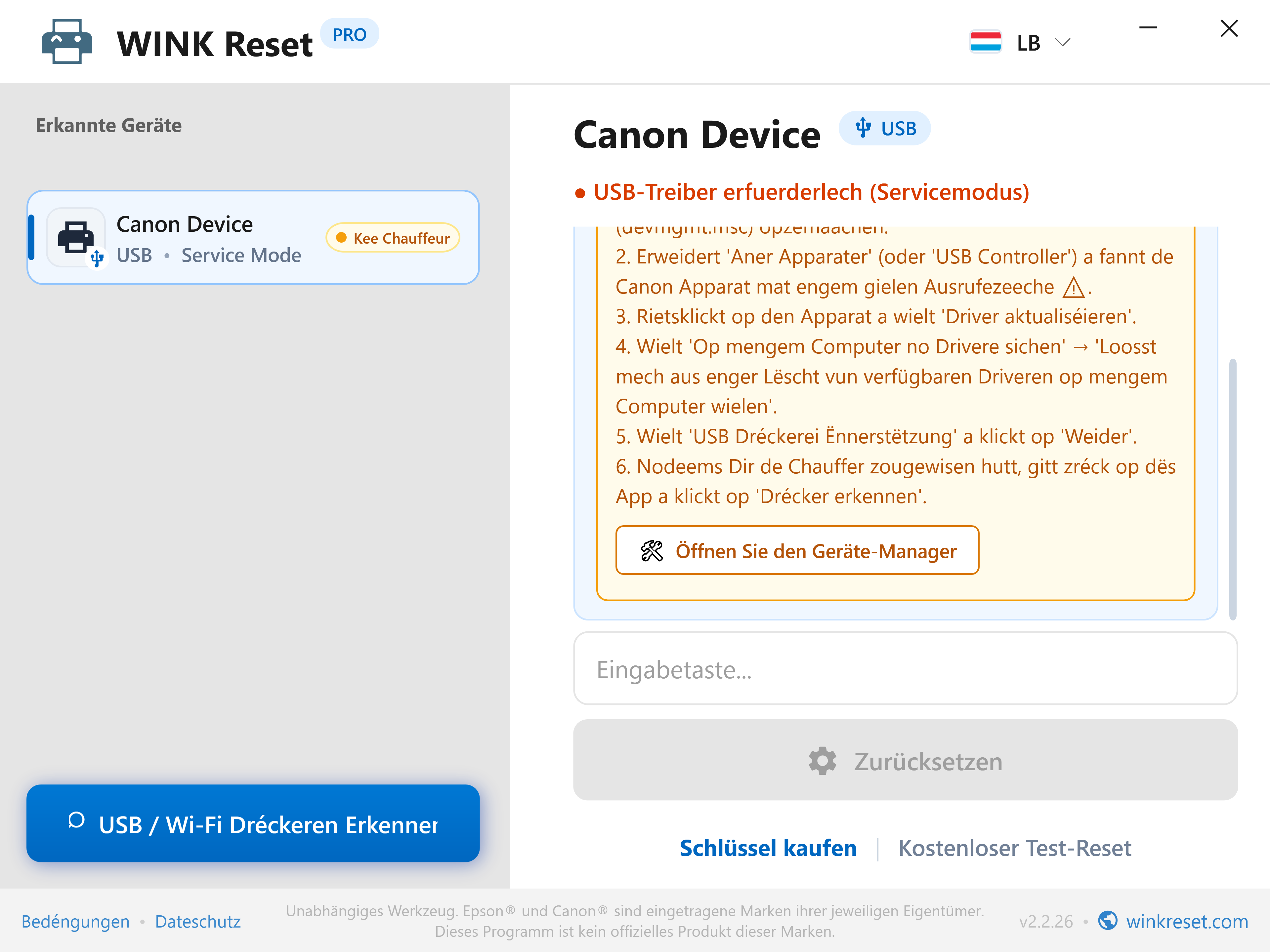 USB-Port Konfiguratiounsassistent fir Canon Servicemodus - WINK Reset PRO (LB)