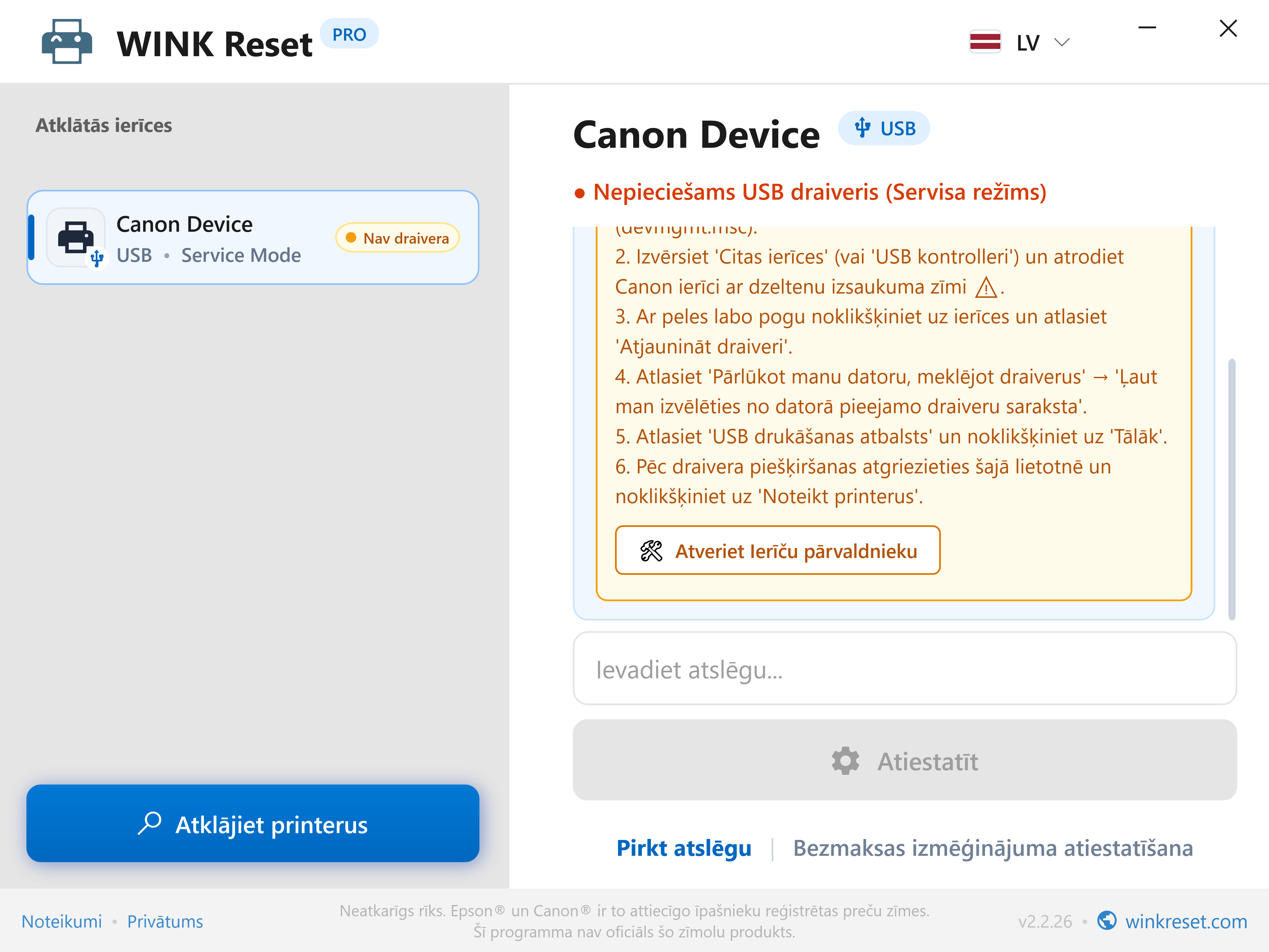 USB porta konfigurācijas asistents priekš Canon Service Mode - WINK Reset PRO (LV)