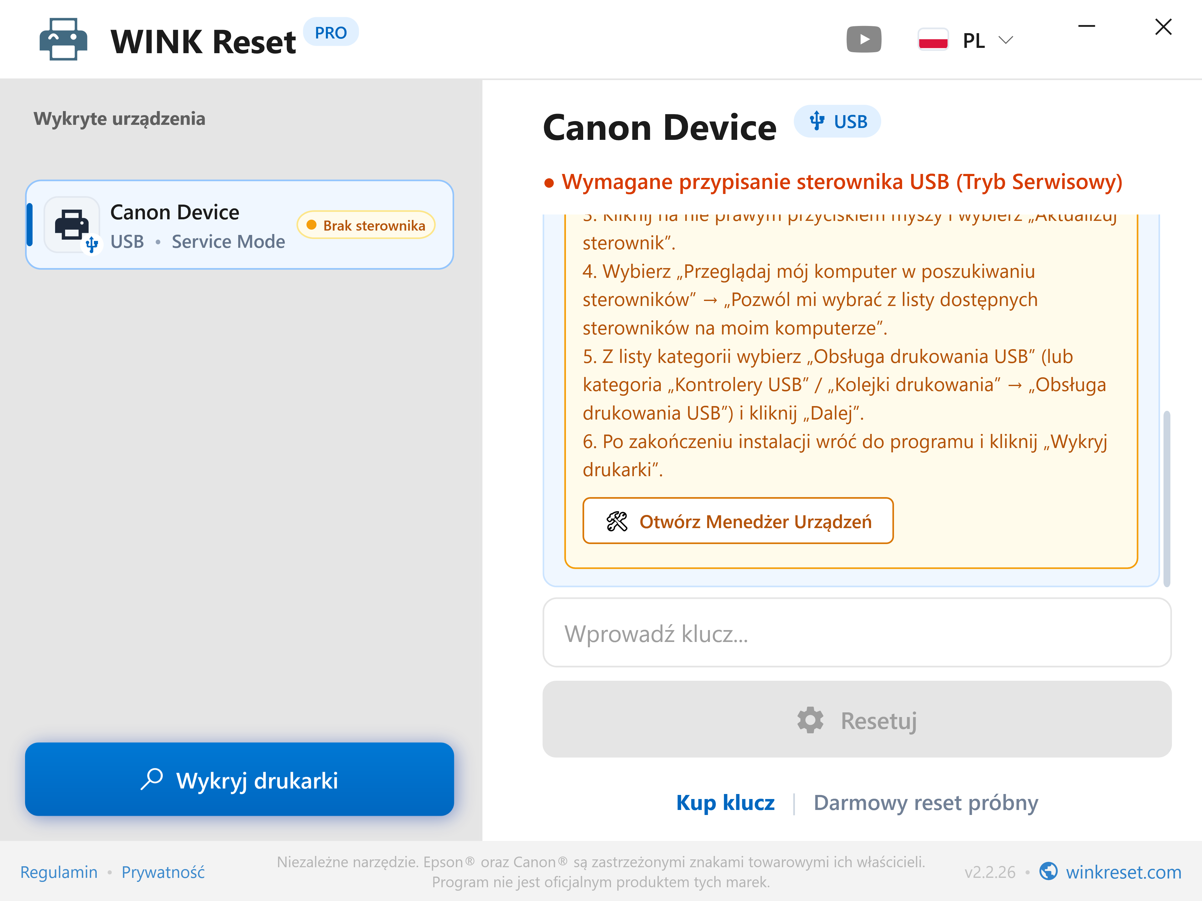 Asystent konfiguracji portu USB dla Canon Service Mode - WINK Reset PRO (PL)