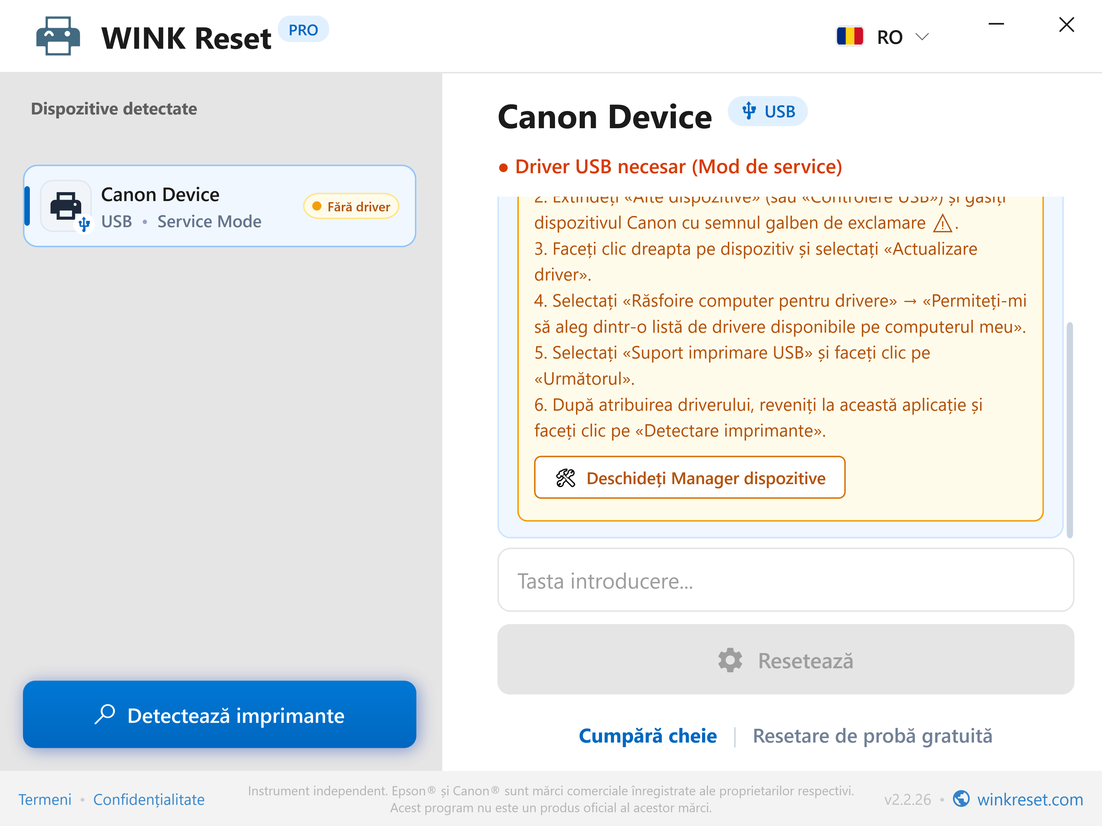 Asistent de configurare a portului USB pentru Canon Service Mode - WINK Reset PRO (RO)