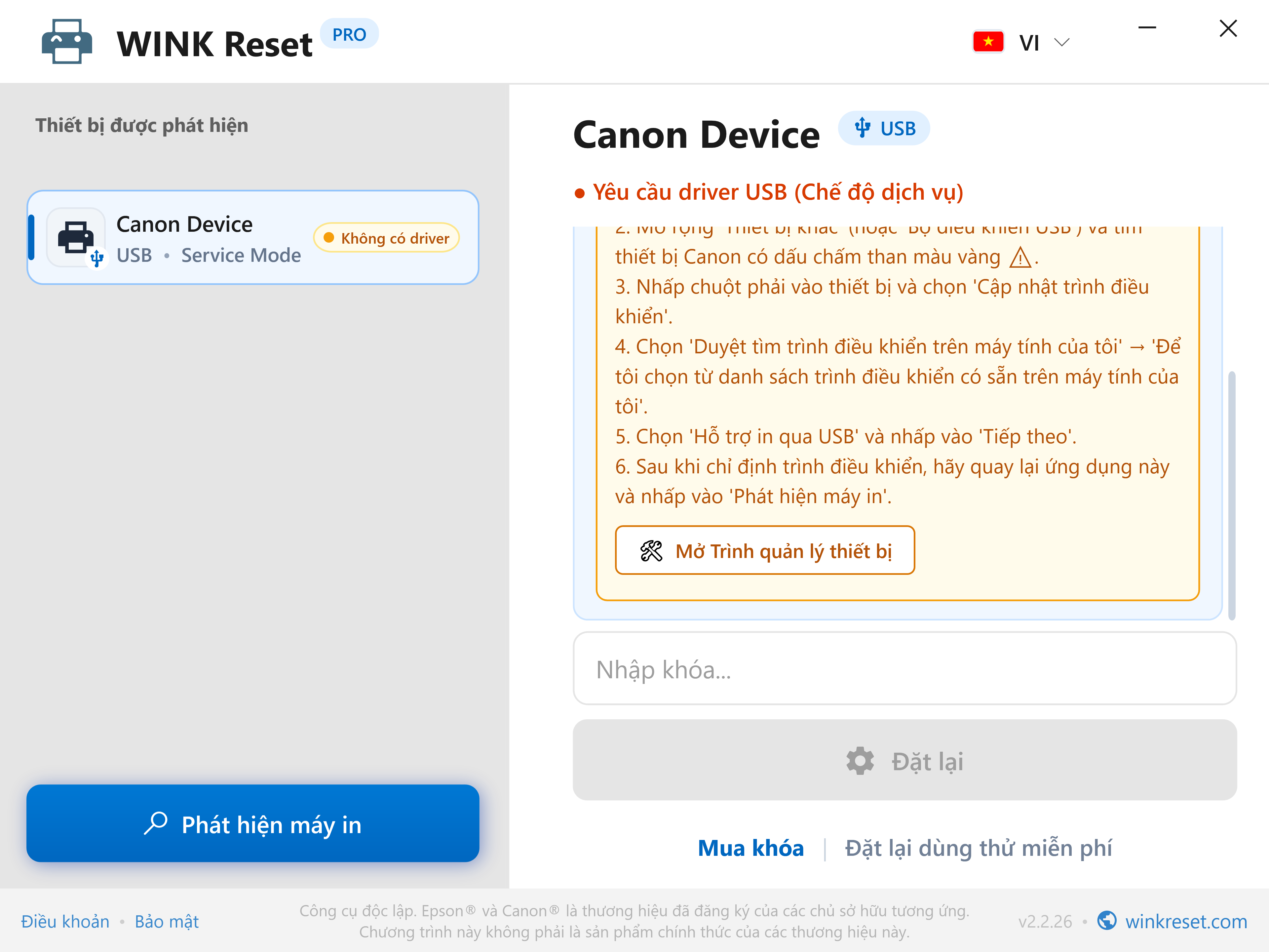Trợ lý cấu hình cổng USB cho Canon Service Mode - WINK Reset PRO (VI)