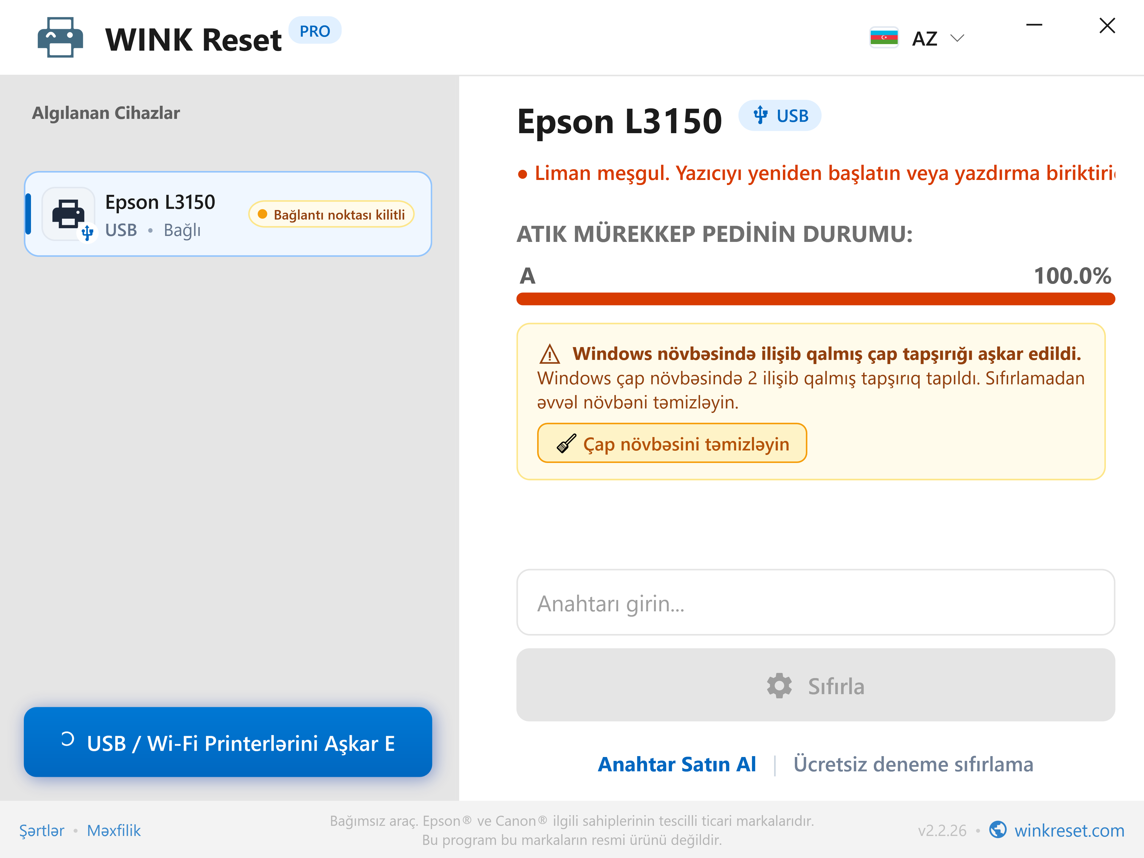 İlişib qalmış çap növbəsinin (Print Spooler) avtomatik aşkarlanması - WINK Reset PRO (AZ)