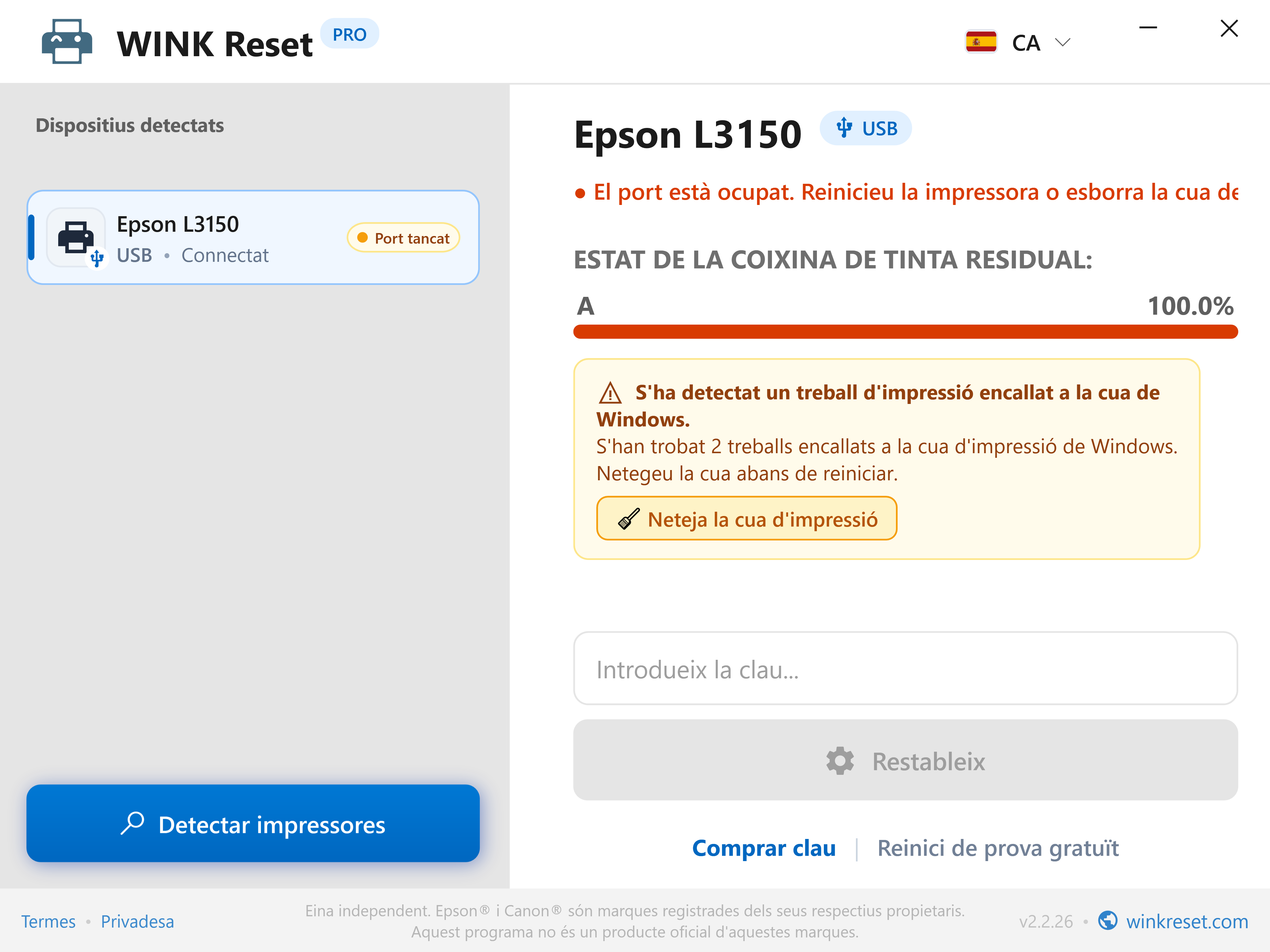 Detecció automàtica de la cua d'impressió blocada (Print Spooler) - WINK Reset PRO (CA)