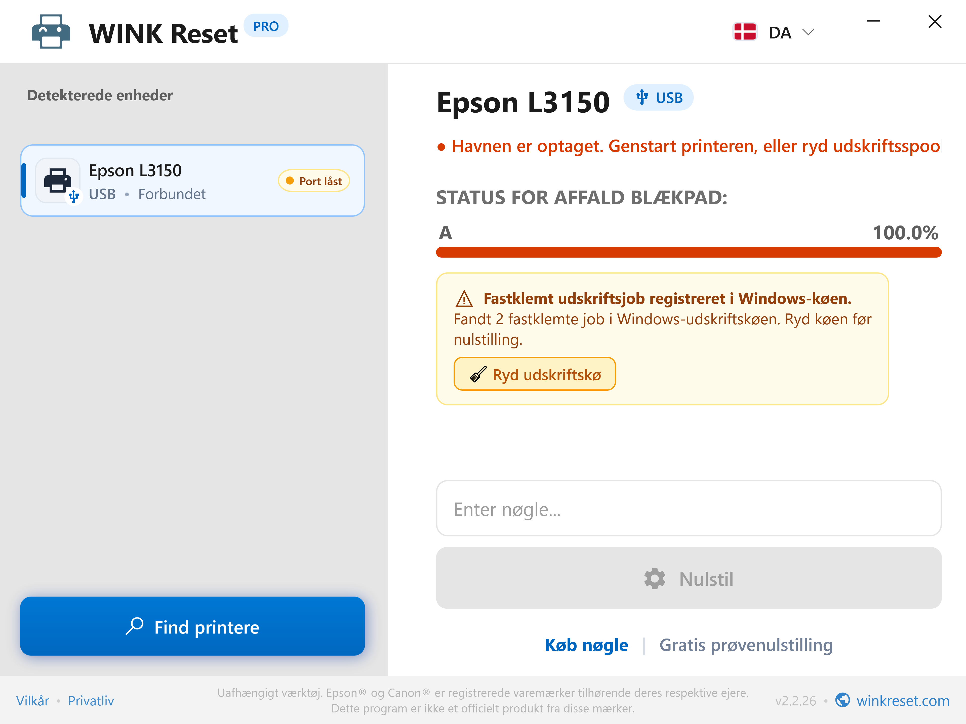 Automatisk registrering af blokeret udskriftskø (Print Spooler) - WINK Reset PRO (DA)