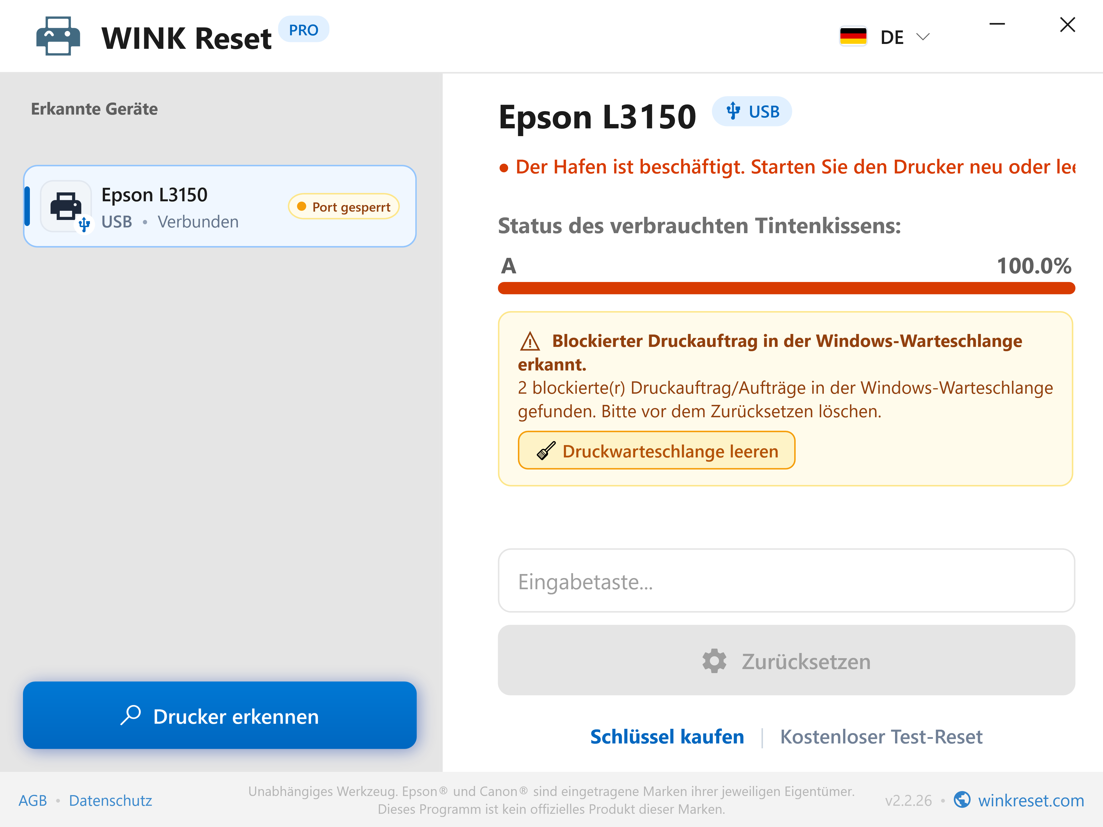 Automatische Erkennung blockierter Druckerwarteschlangen - WINK Reset PRO (DE)
