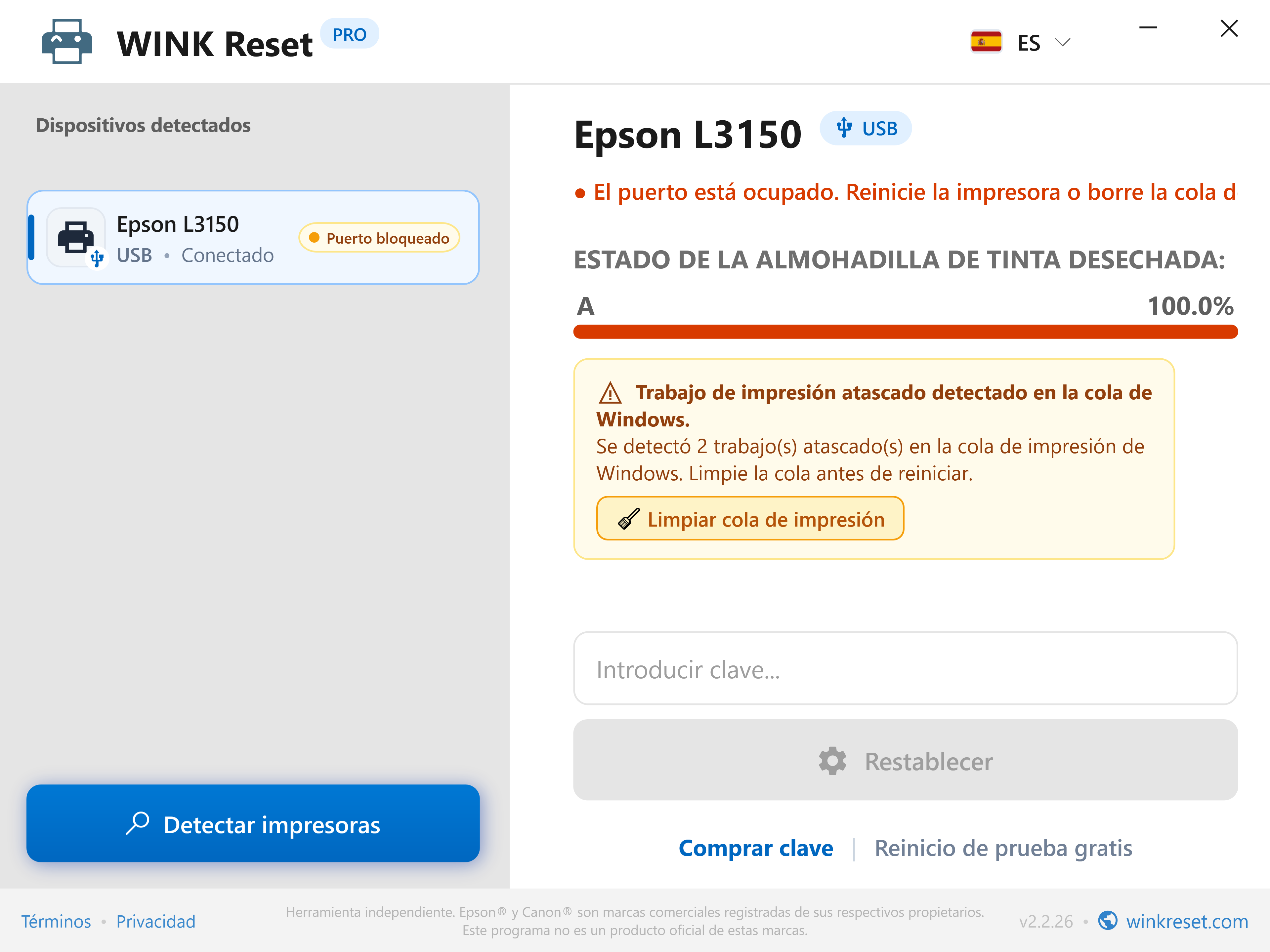 Detección automática de cola de impresión bloqueada - WINK Reset PRO (ES)