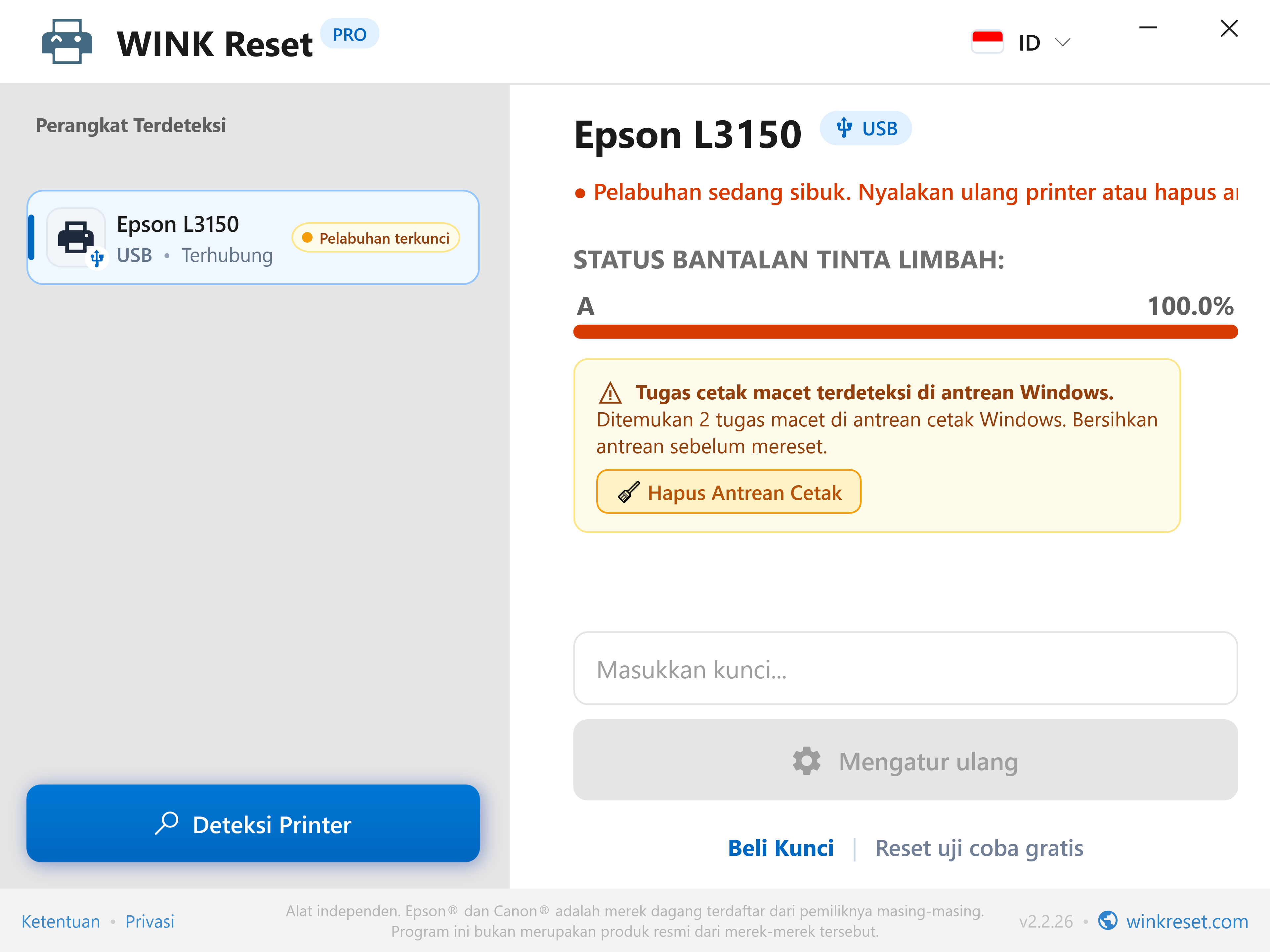 Deteksi otomatis antrean cetak macet (Print Spooler) - WINK Reset PRO (ID)