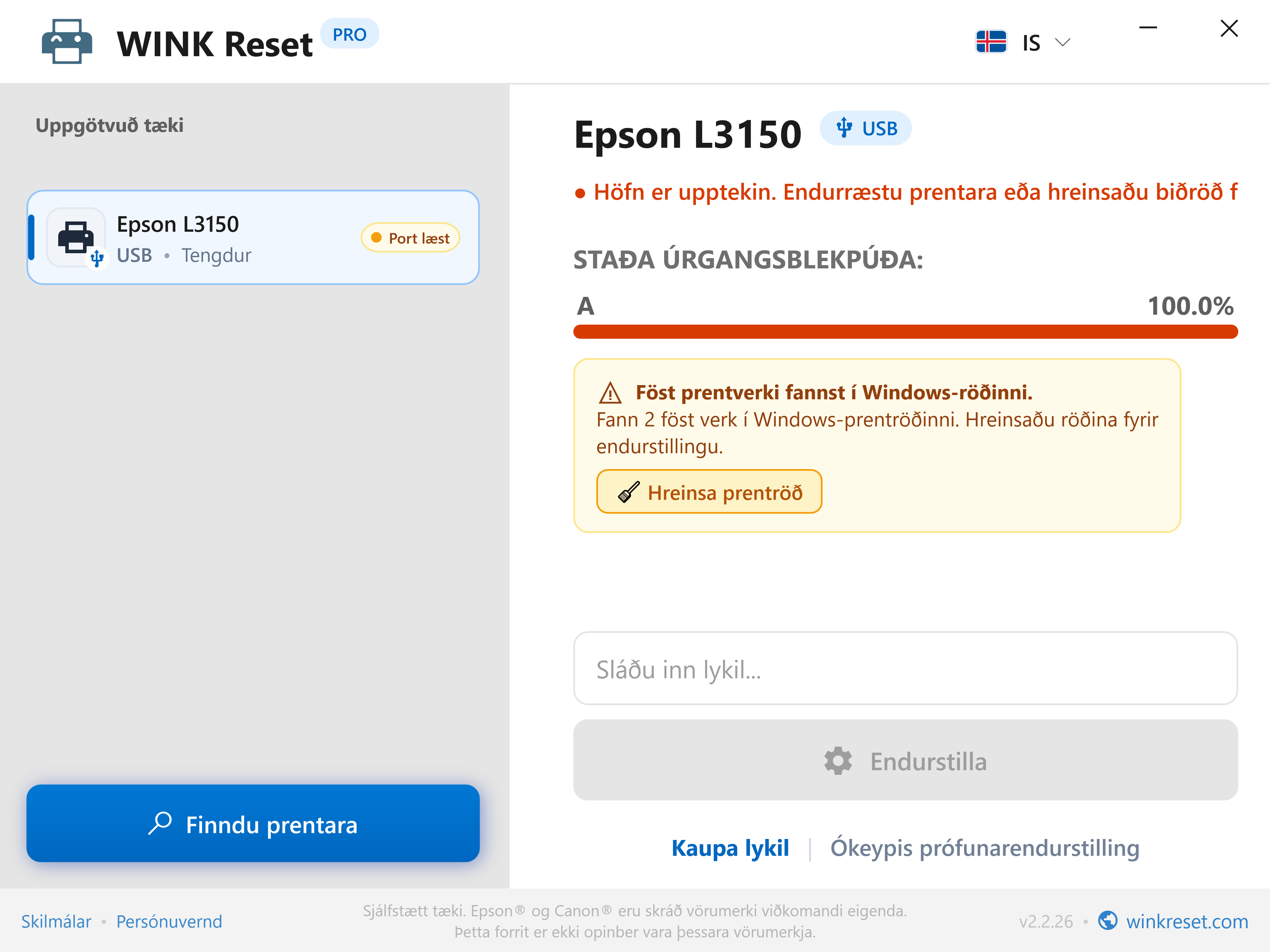 Sjálfvirk greining á fastri prentbiðröð (Print Spooler) - WINK Reset PRO (IS)
