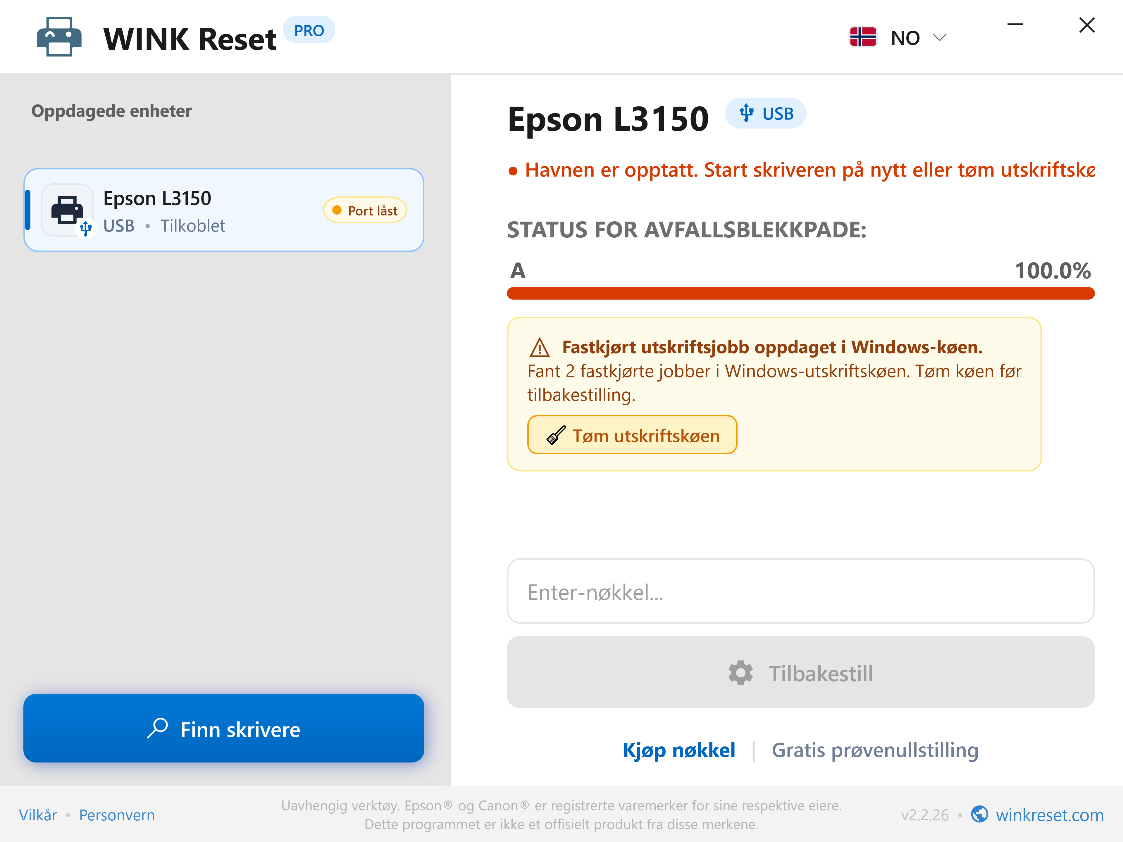 Automatisk registrering av blokkert utskriftskø (Print Spooler) - WINK Reset PRO (NO)