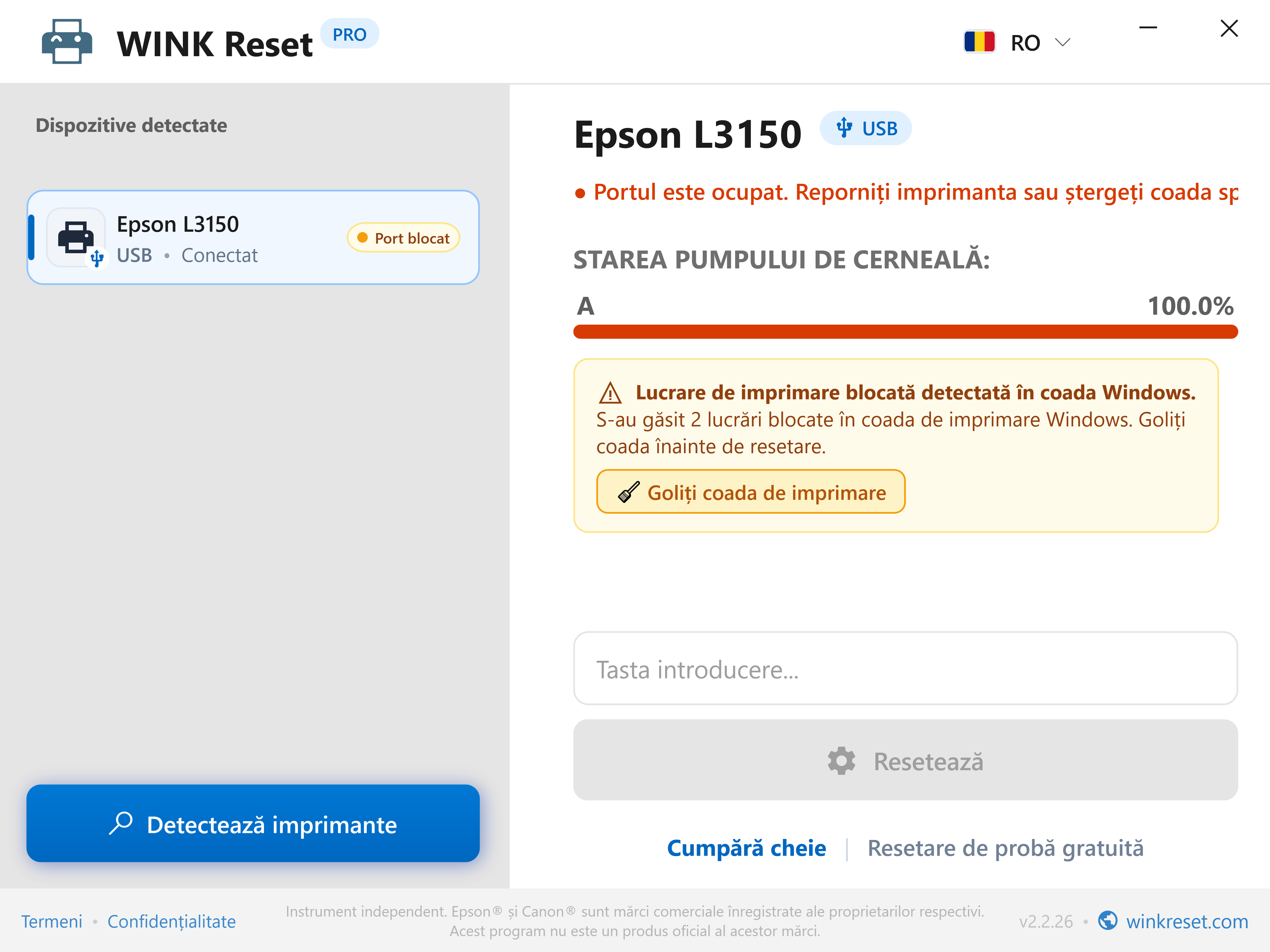 Detectare automată a cozii de imprimare blocate (Print Spooler) - WINK Reset PRO (RO)