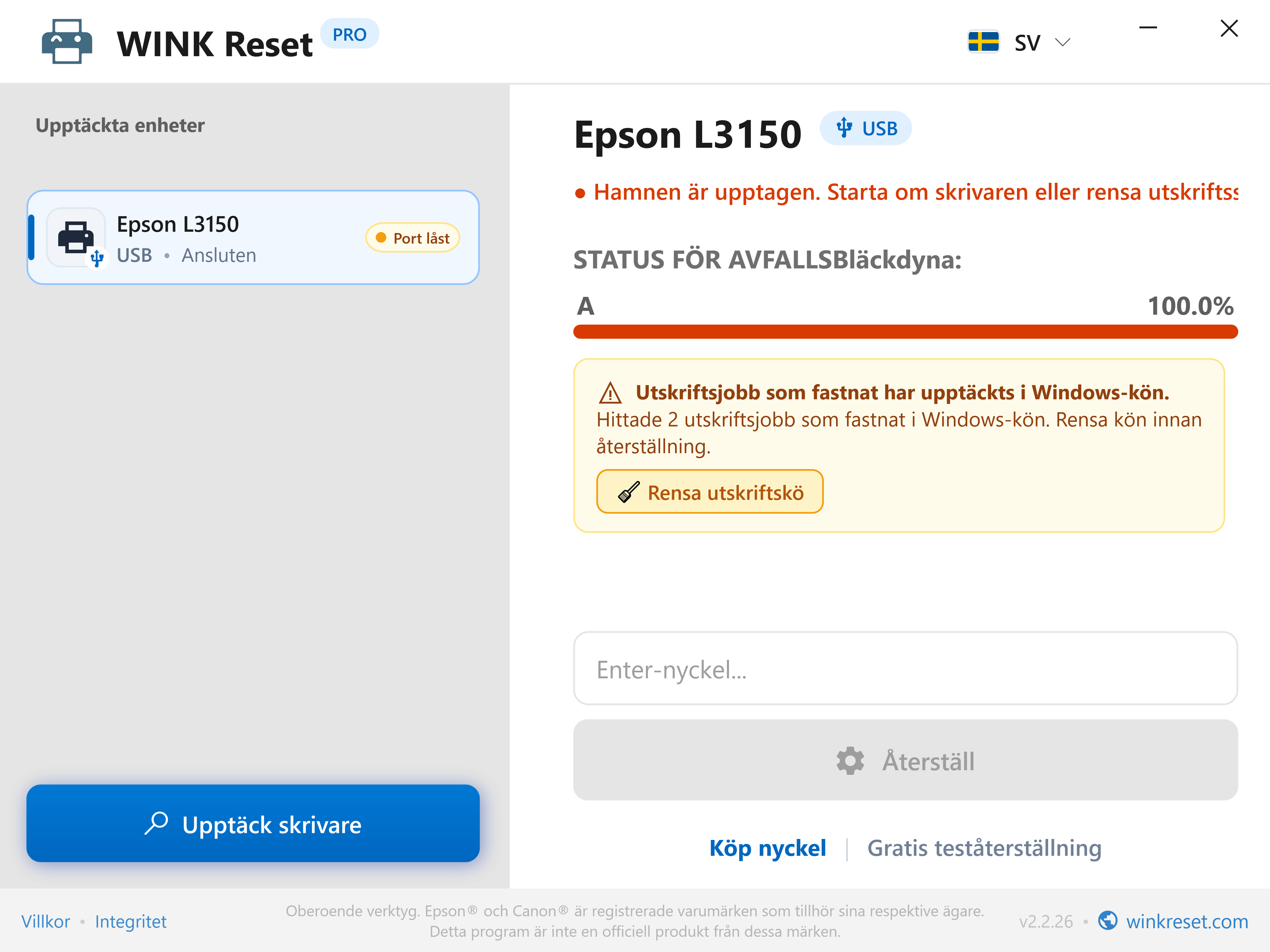 Automatisk identifiering av fastnad utskriftskö (Print Spooler) - WINK Reset PRO (SV)