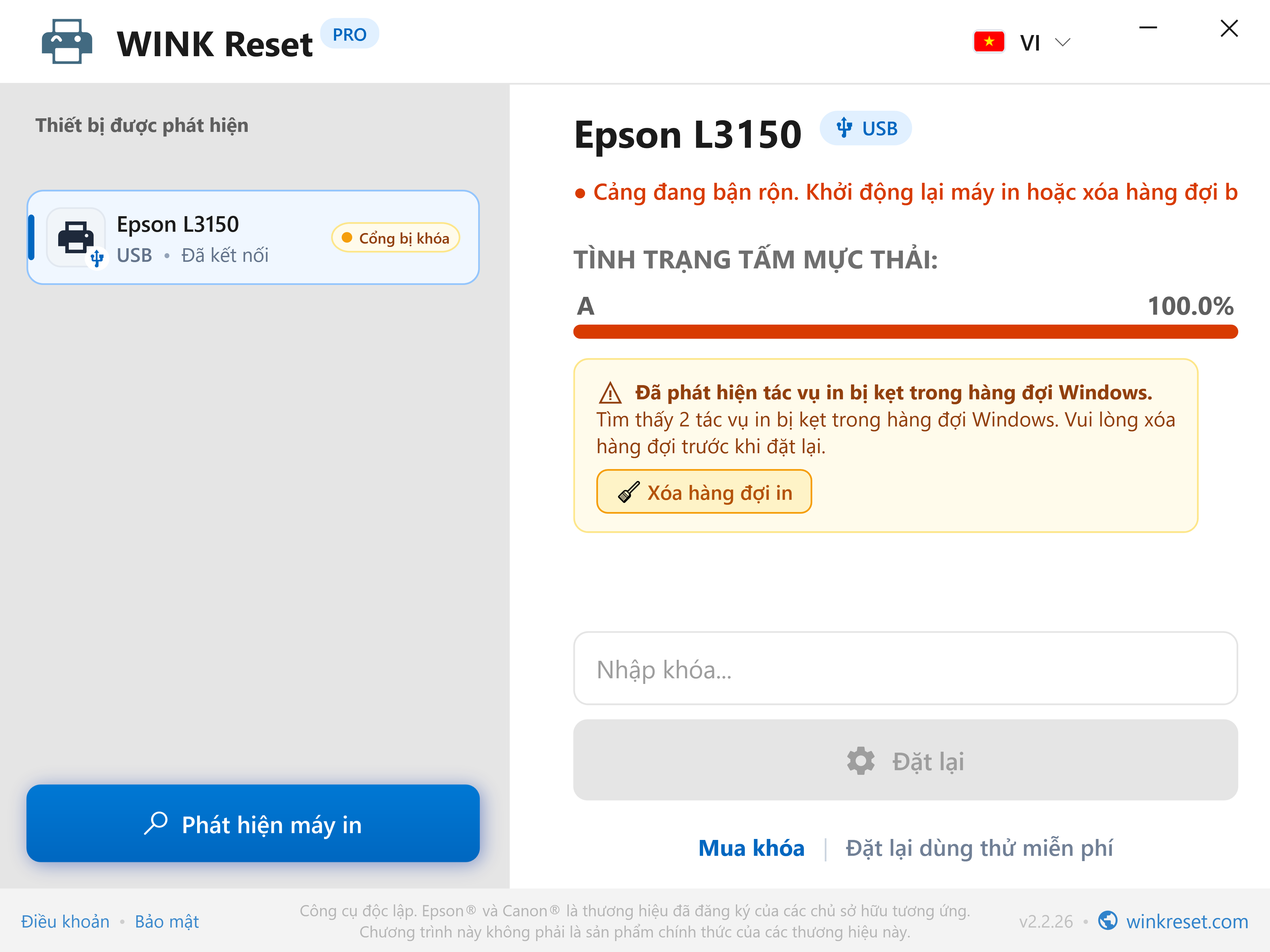 Tự động phát hiện hàng đợi in bị treo (Print Spooler) - WINK Reset PRO (VI)