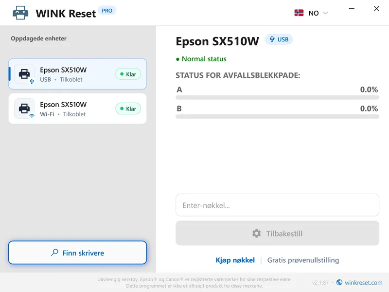 epson blekkpute tellere vellykket tilbakestilt null