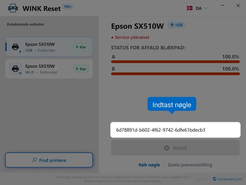 epson restblaekbeholder wic indtast nogle da