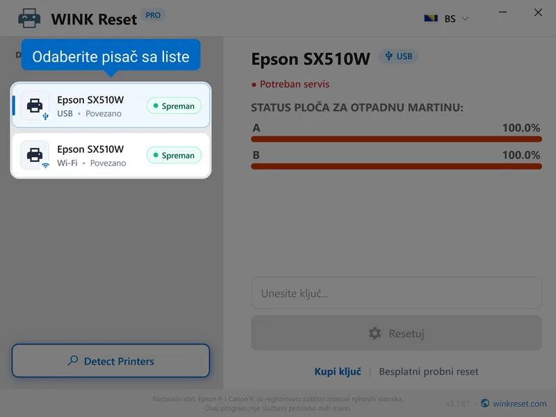 odaberite epson pisac sa liste