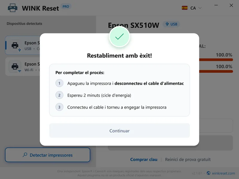 wink reset coixinets wic exit reiniciar ca