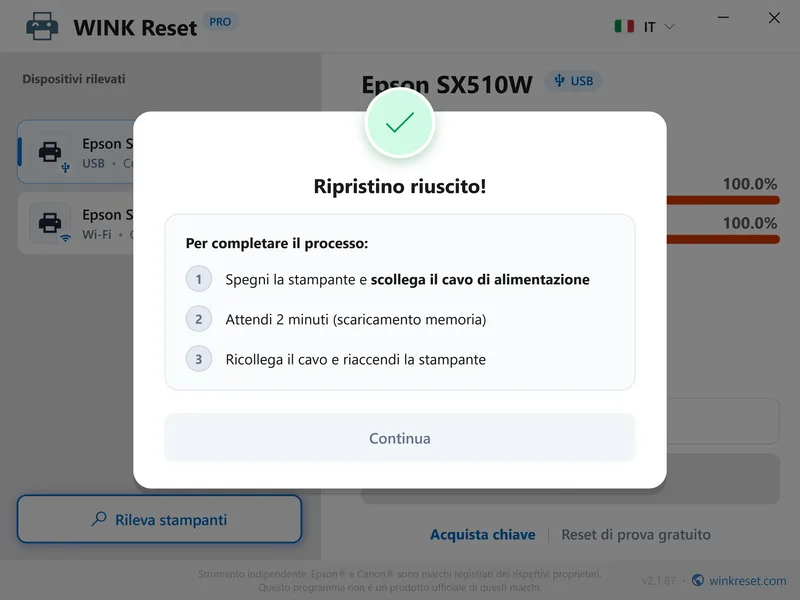 wink reset tamponi wic successo riavviare it